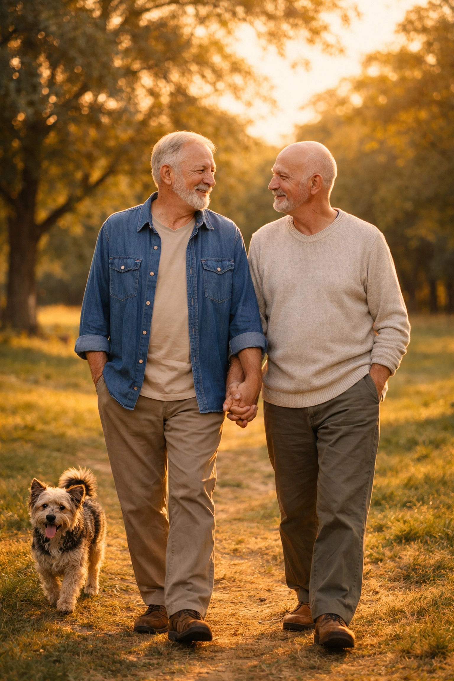 An older gay couple walks their dog in a park, showcasing long-term commitment and queer love.