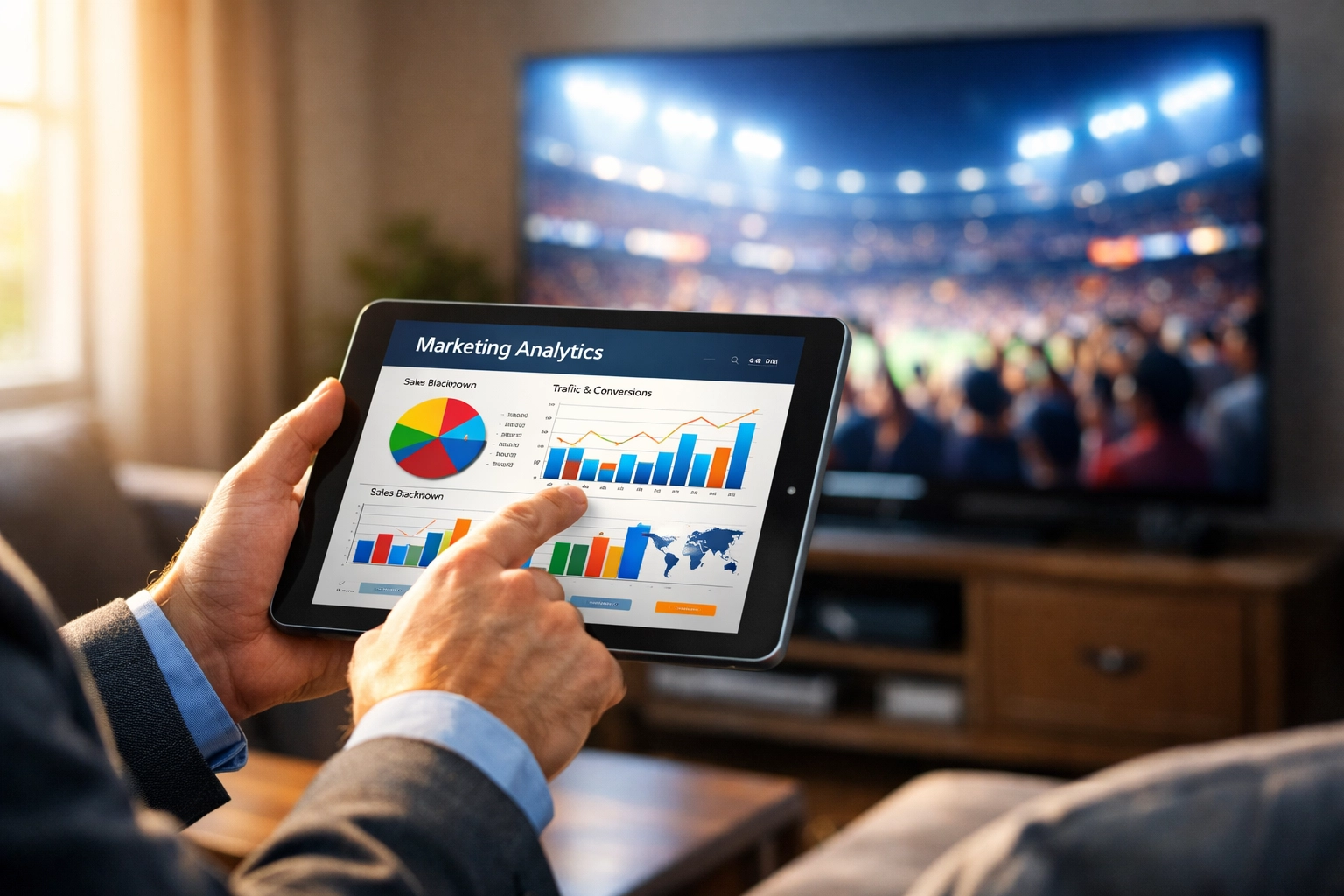 Marketing professional analyzing sports media data on a tablet during a Super Bowl broadcast.