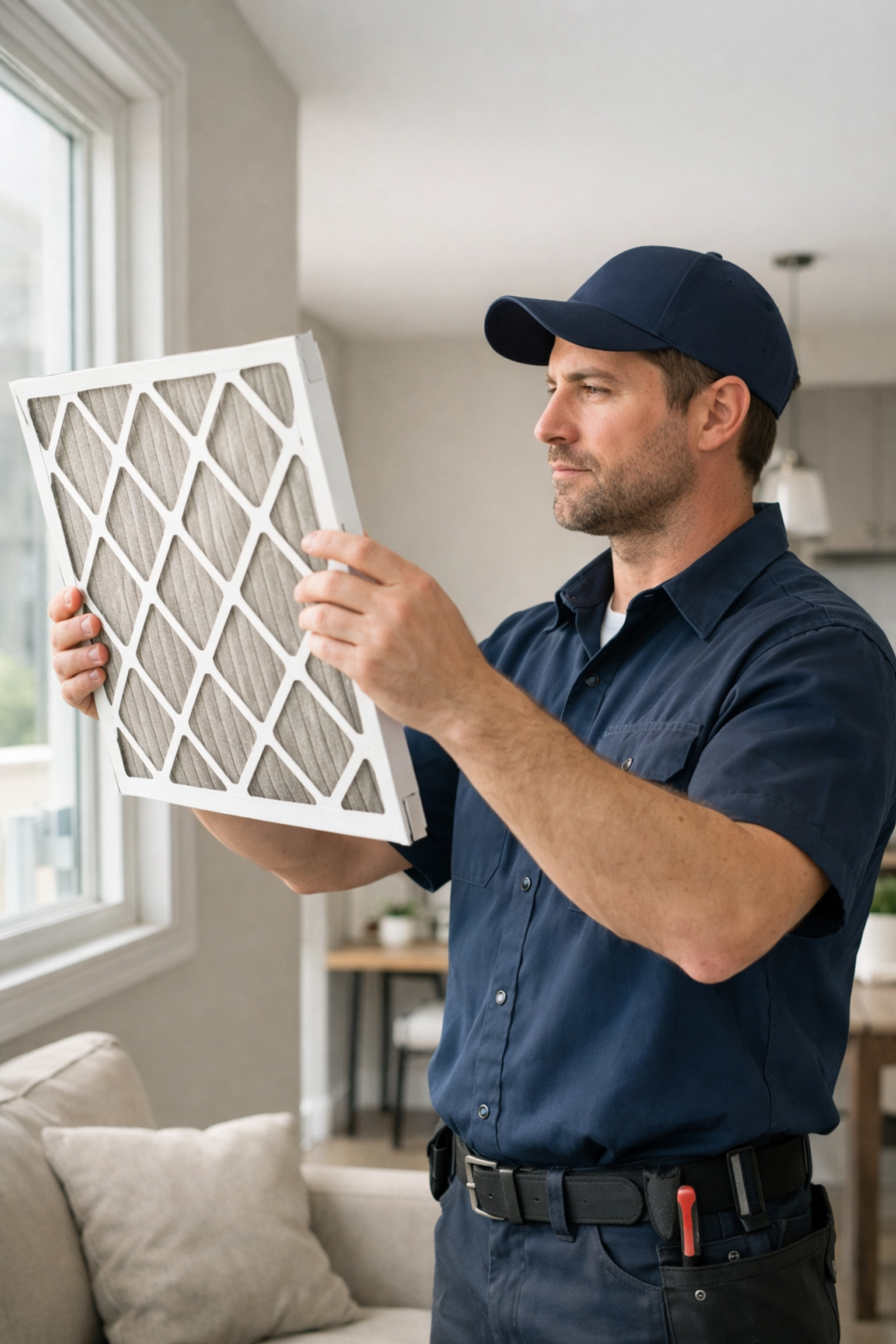 Maintenance technician inspecting HVAC filter during preventative apartment maintenance