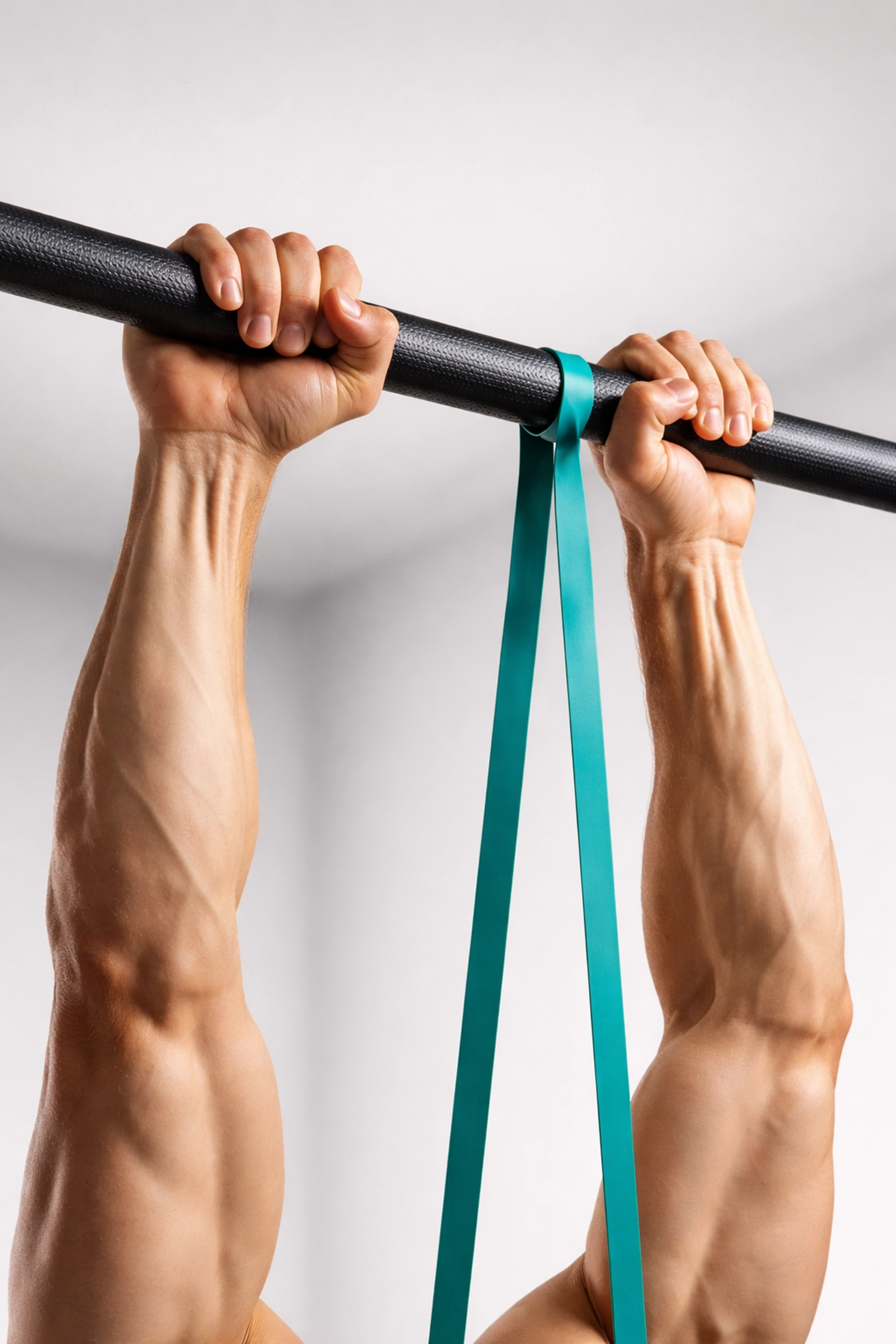 Close-up of athletic hands gripping a pull-up bar, emphasizing swim-specific strength training and muscle engagement.