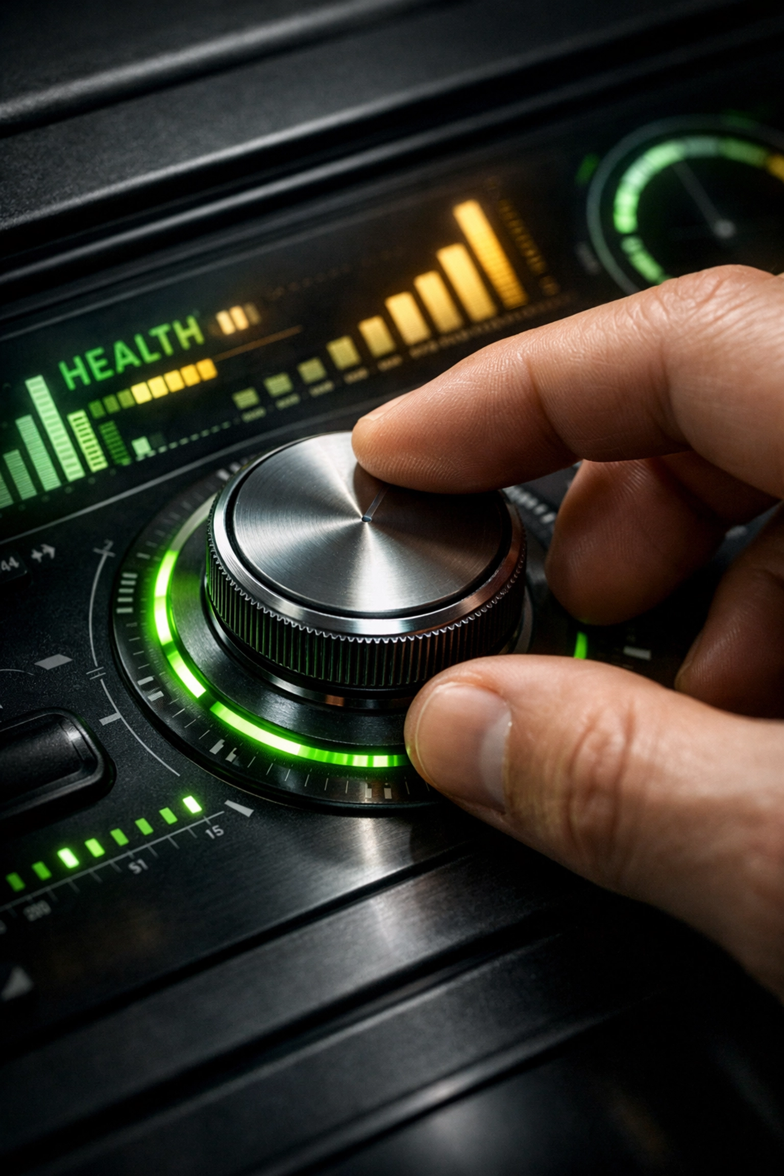 Human hand adjusting a digital control panel to fine-tune AI-powered ad performance.