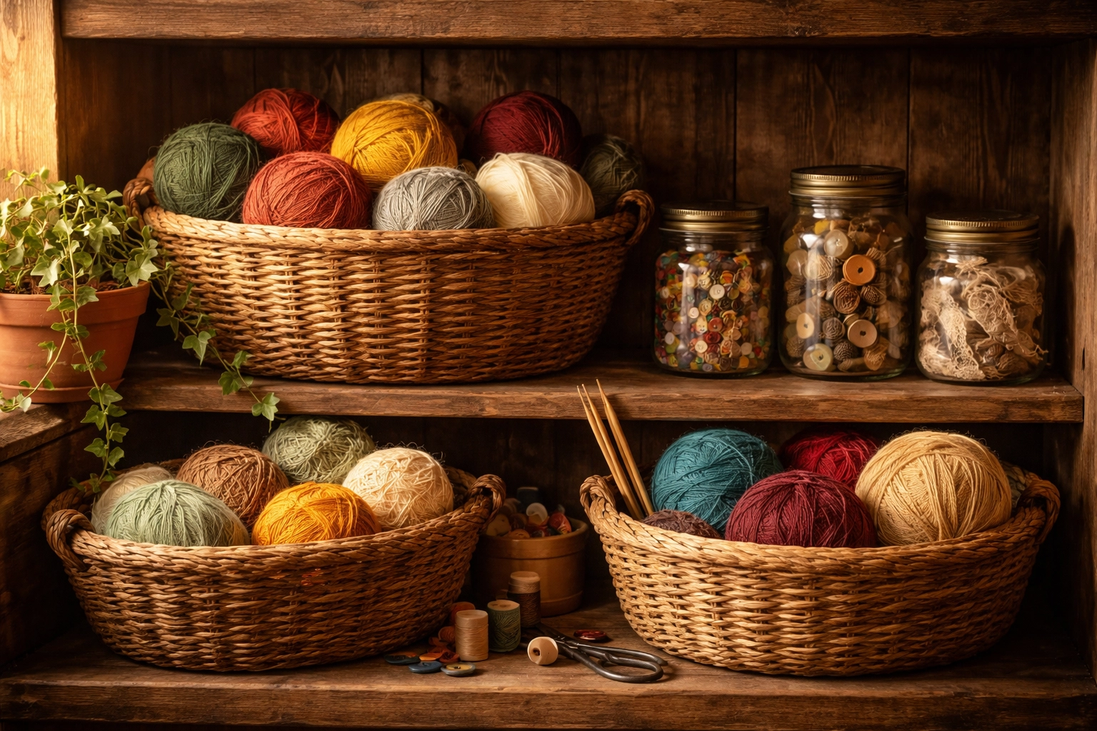 Rustic wooden shelf with baskets of yarn, mason jars of supplies, and greenery for organized craft storage