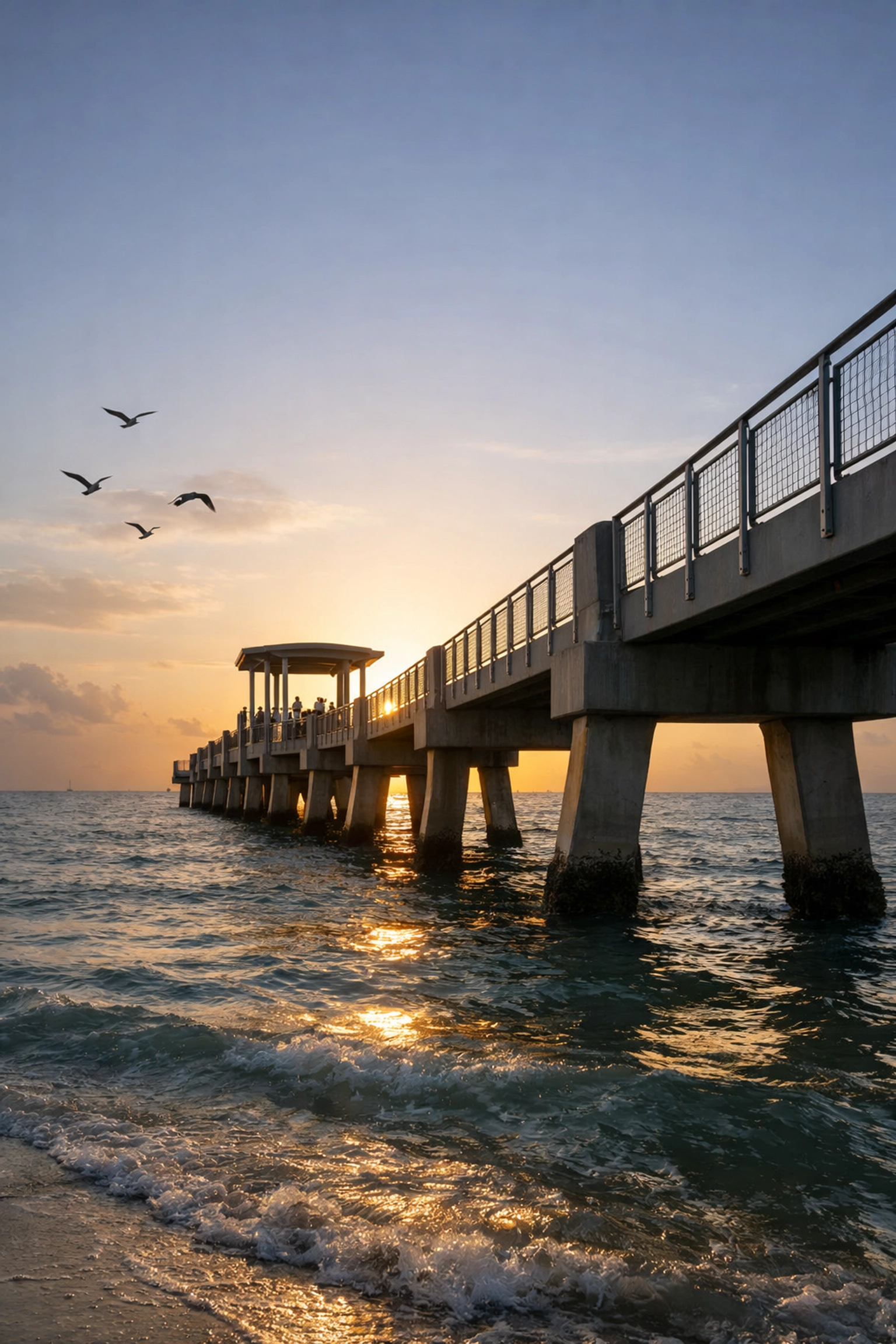 Golden sunrise light illuminates South Pointe Park Pier, a must-visit Miami photo spot for landscape photographers.