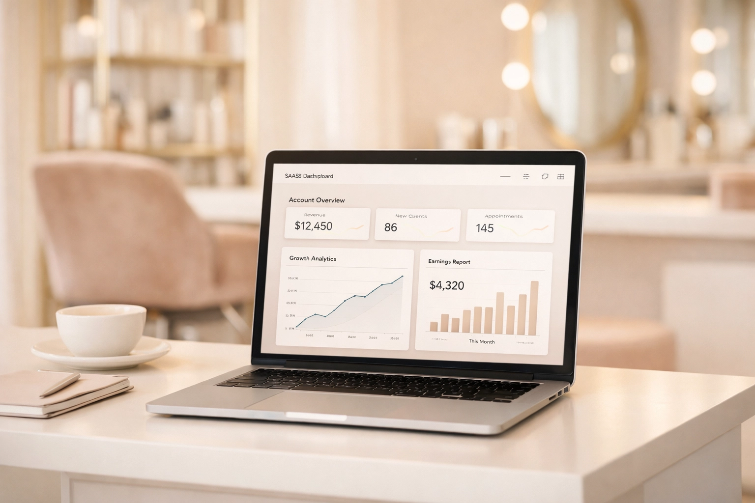 Salon management dashboard on a laptop showing recurring revenue growth through memberships.