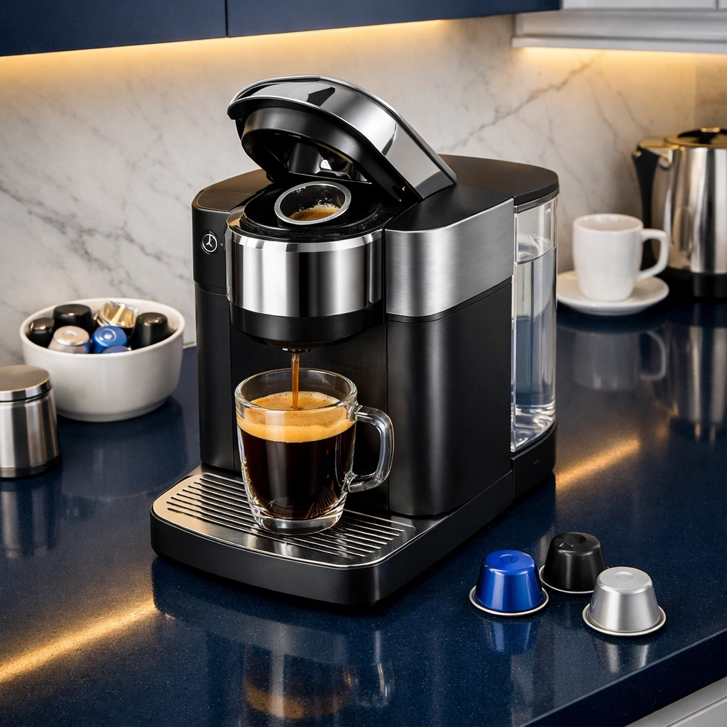 A professional pod coffee machine on a luxury navy blue countertop ready for maintenance.