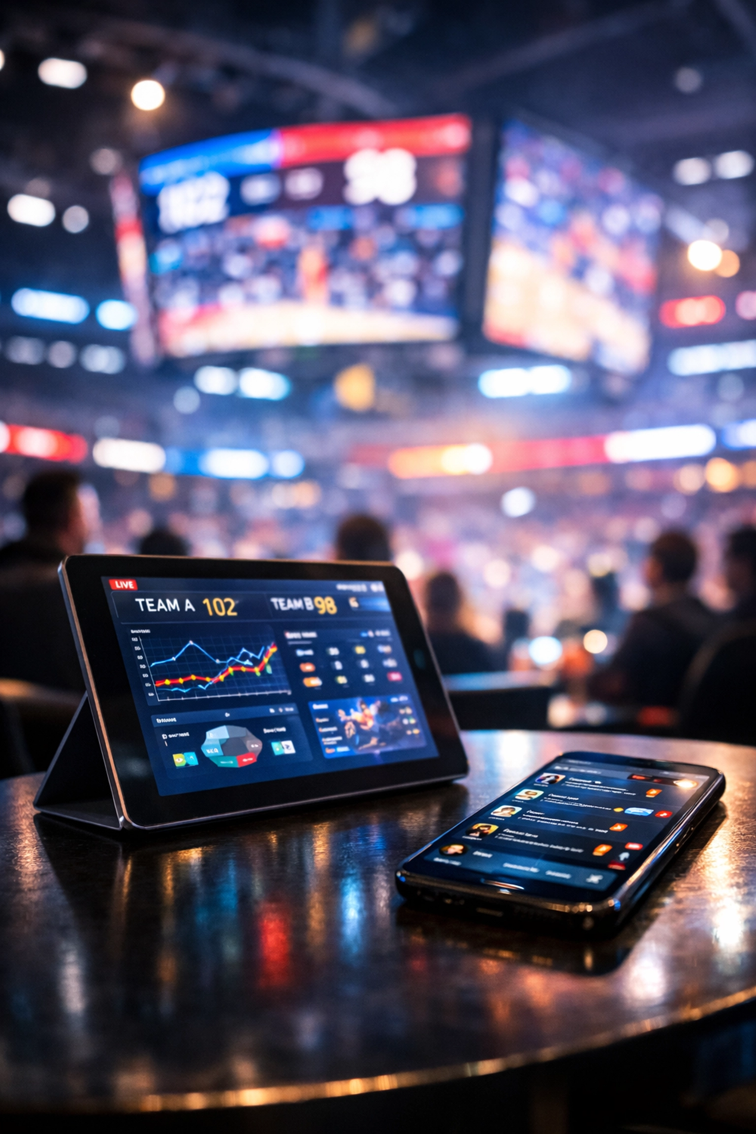 Digital devices tracking social media engagement and sports branding ROI during a major championship game.