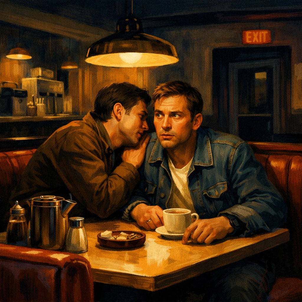 Gay couple in small-town diner booth showing private MM romance in public spaces