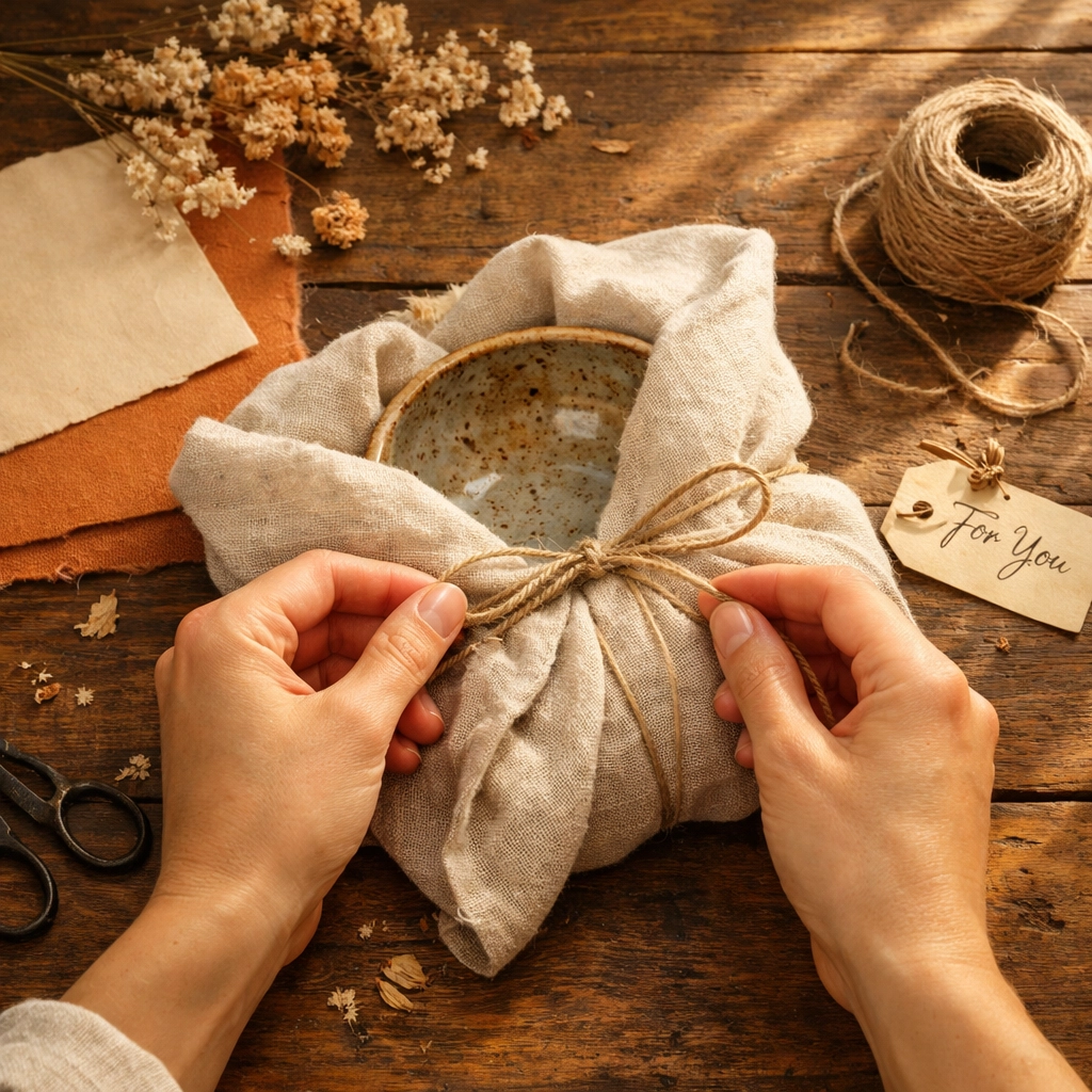 Hands wrapping a handcrafted ceramic bowl with linen fabric and twine on rustic wooden table