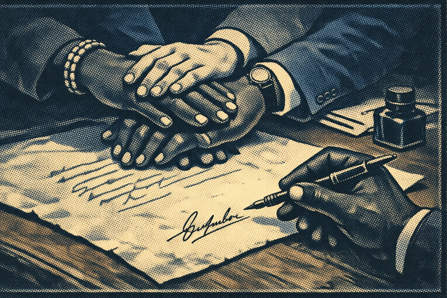 Illustration of South Sudanese leaders signing the Declaration of Peace to end the conflict.