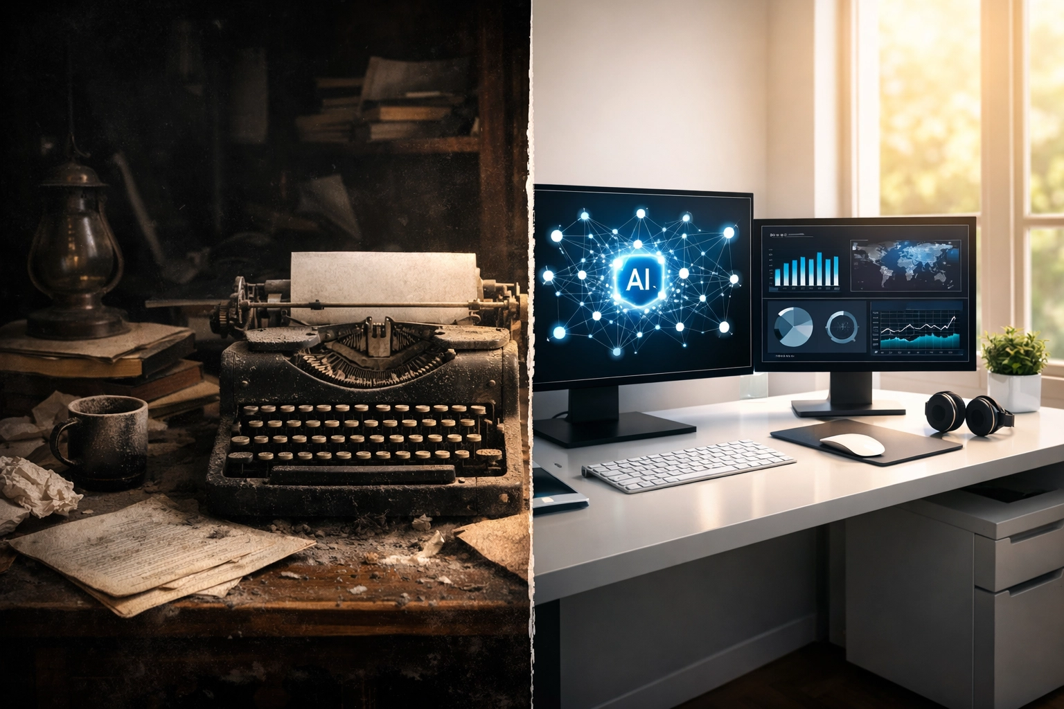 Modern digital workspace with AI analytics contrasted against an old manual typewriter for writers.