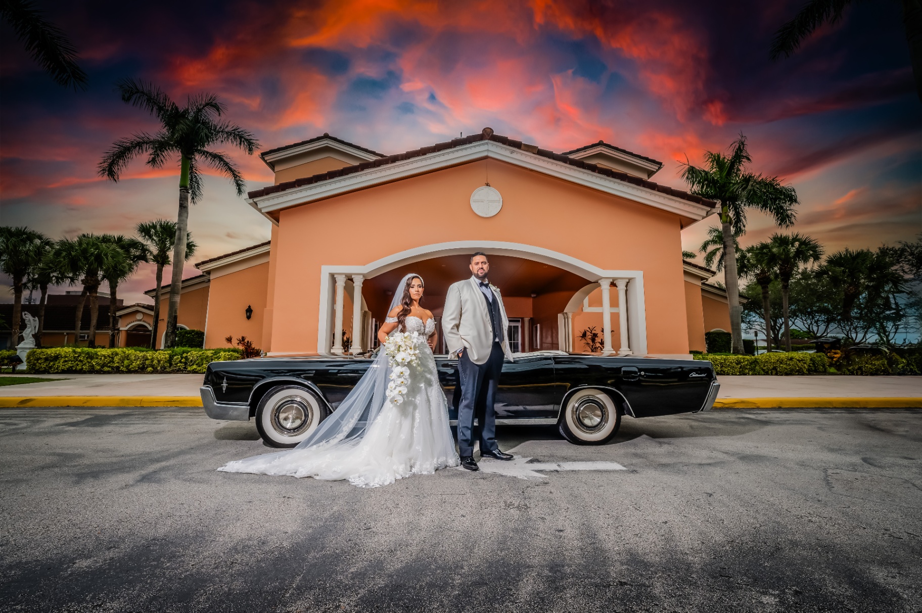 Newlywed portraits in Miami with a vintage black convertible for a classic Sunday session