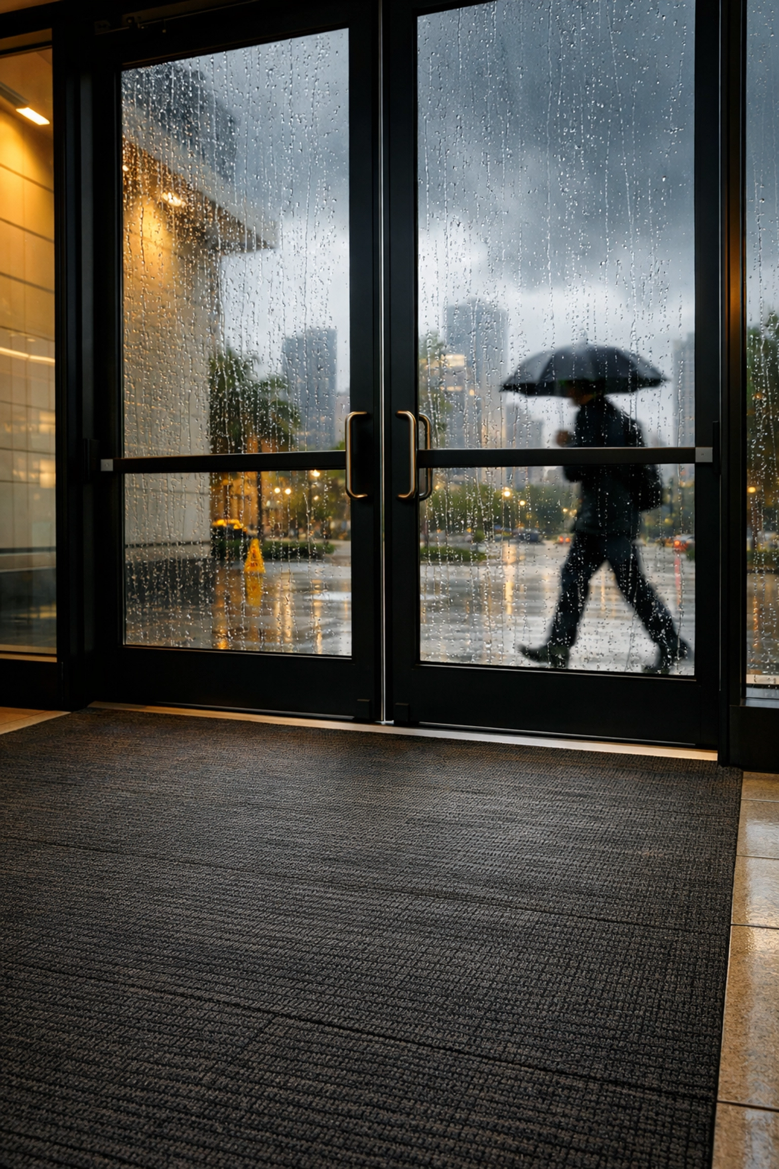 Slip-resistant commercial flooring at Houston building entrance during rainstorm