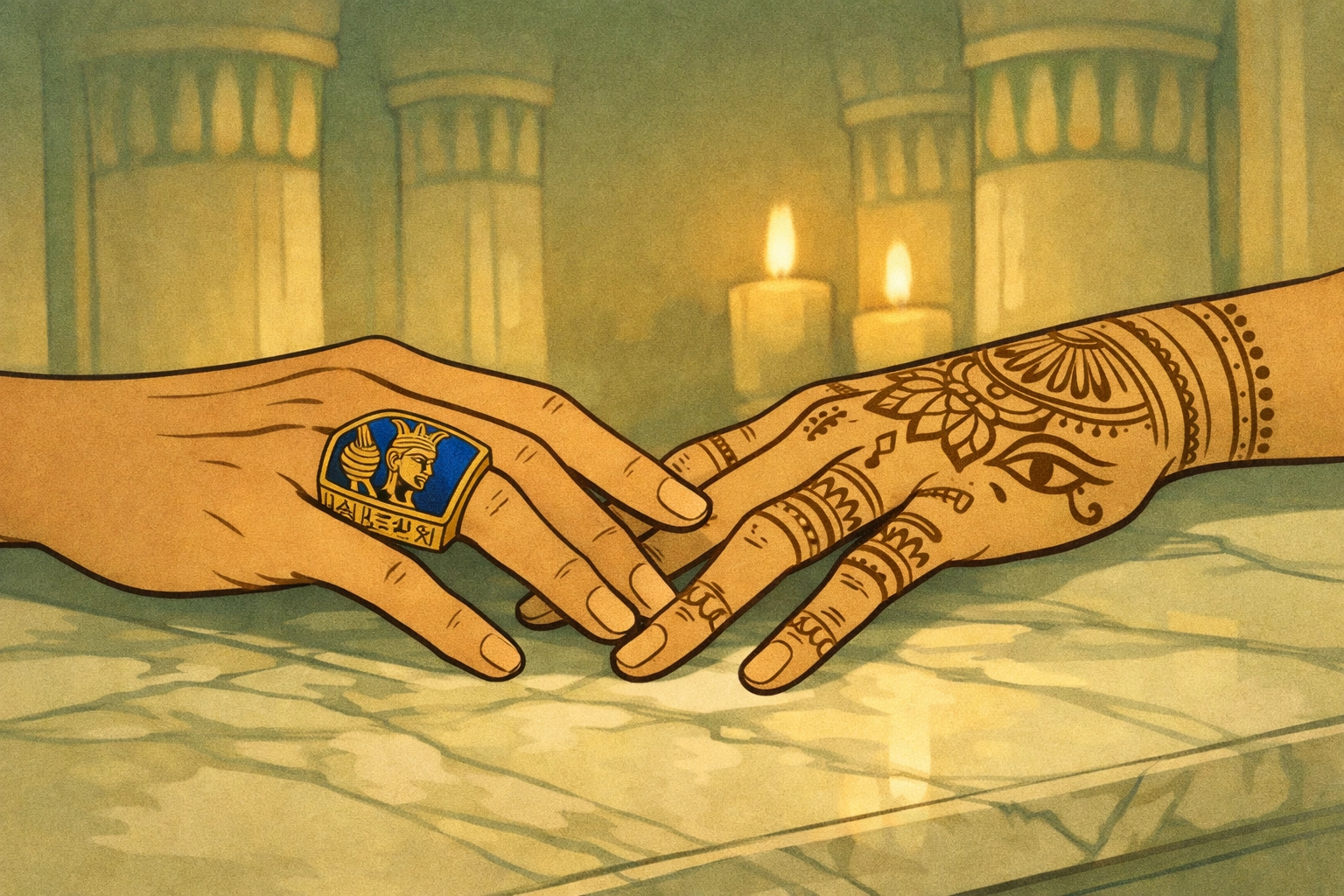 Two male hands touching, one with pharaoh's ring and henna designs, Egyptian MM romance intimacy