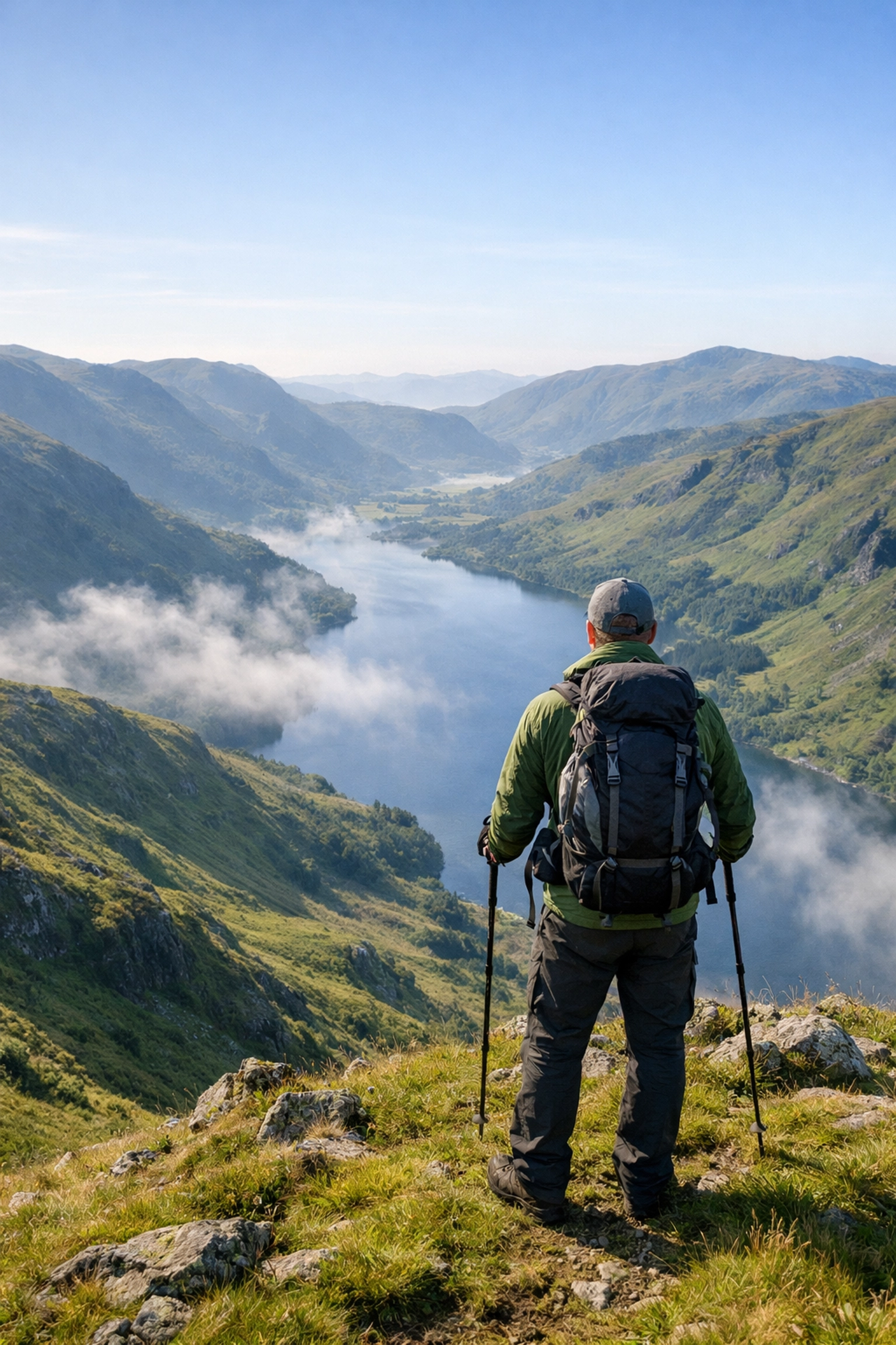 A hiker enjoys the mist-covered fells and valley views during guided walks in the Lake District UK.
