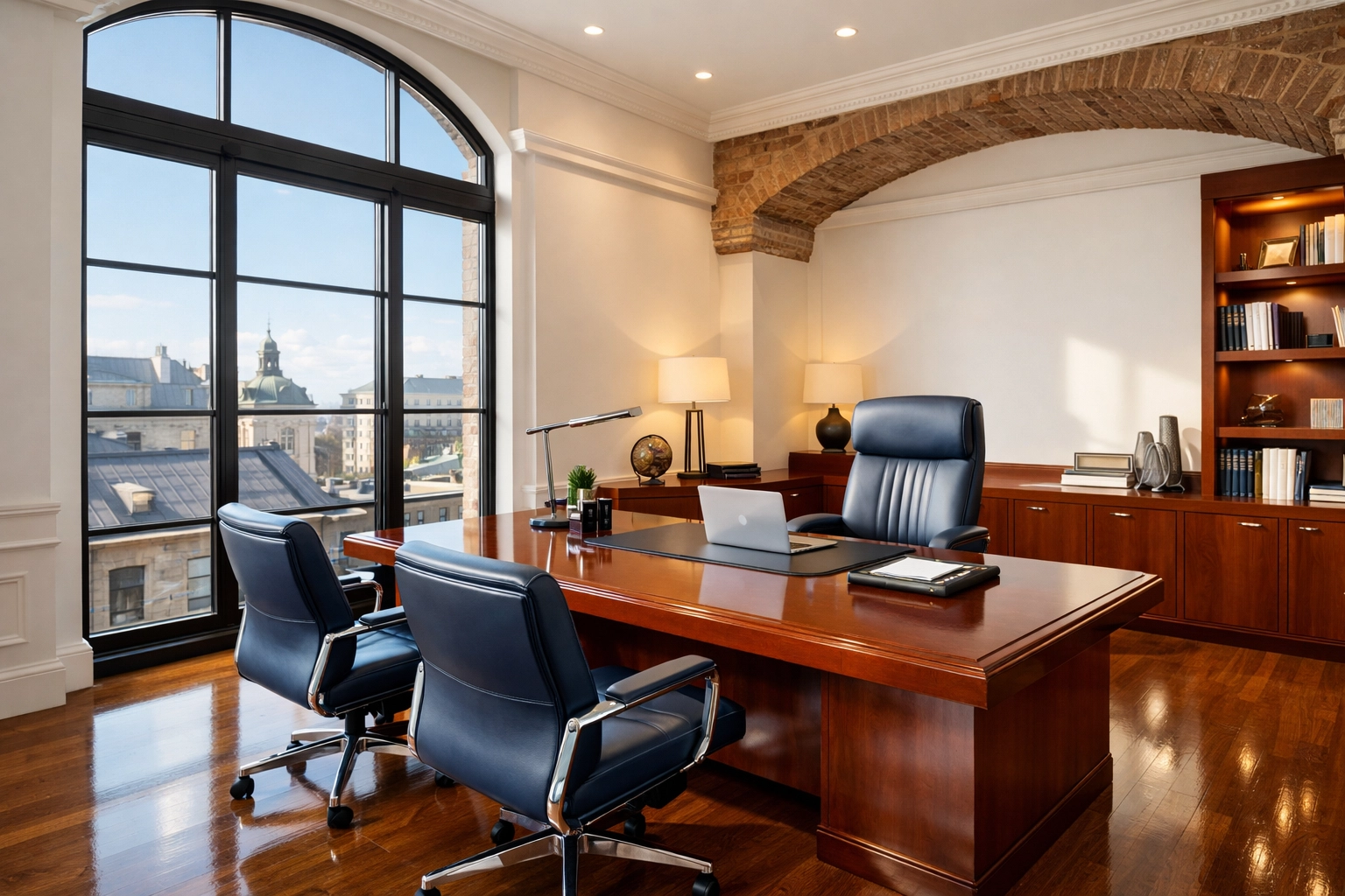 A polished, sunlit executive office in Holyoke featuring clean surfaces and professional janitorial care.