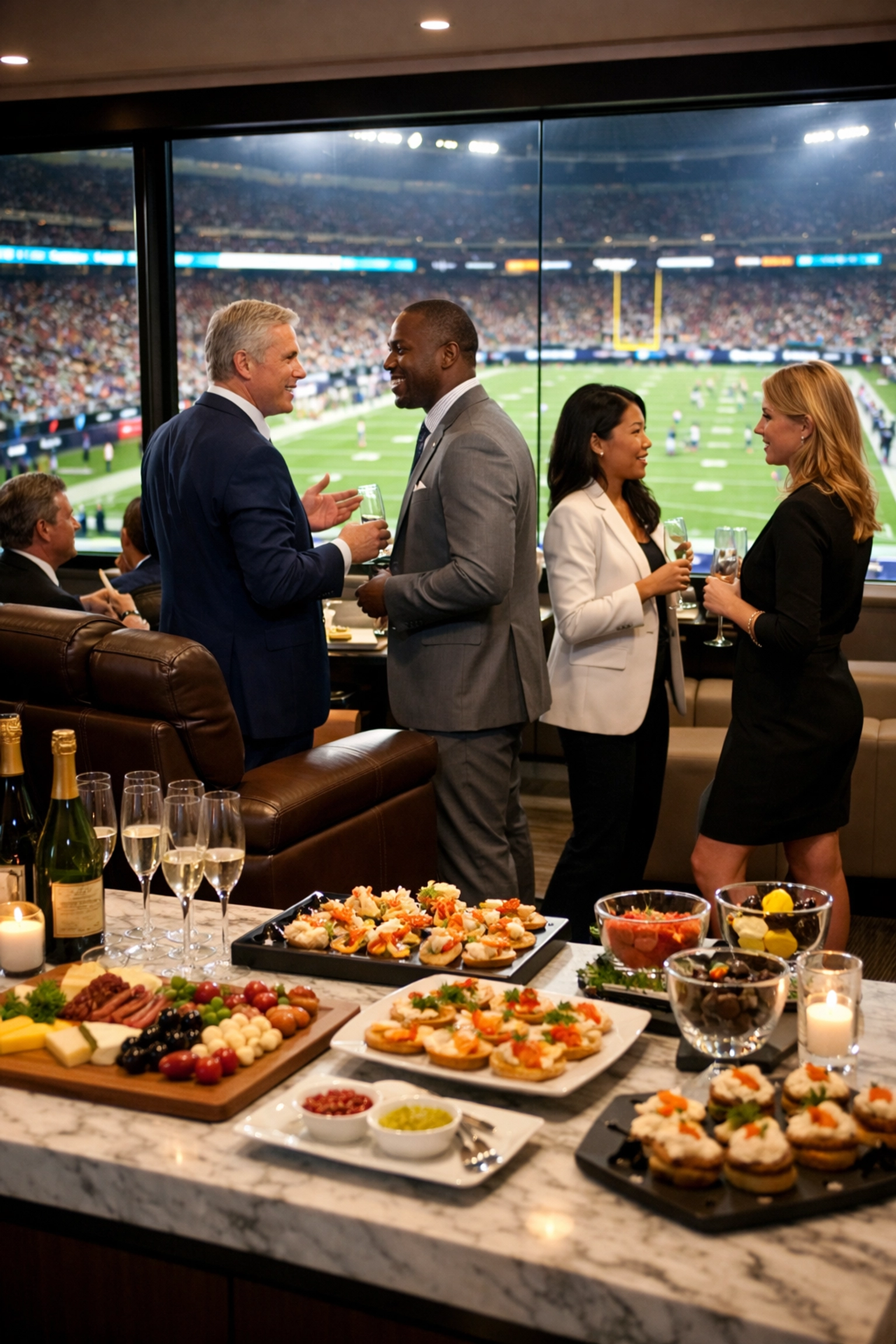 PRESS RELEASE: 7 Mistakes You're Making with Super Bowl Corporate Hospitality (and How to Fix Them) Business leaders networking in a luxury stadium suite with gourmet catering during a Super Bowl event.