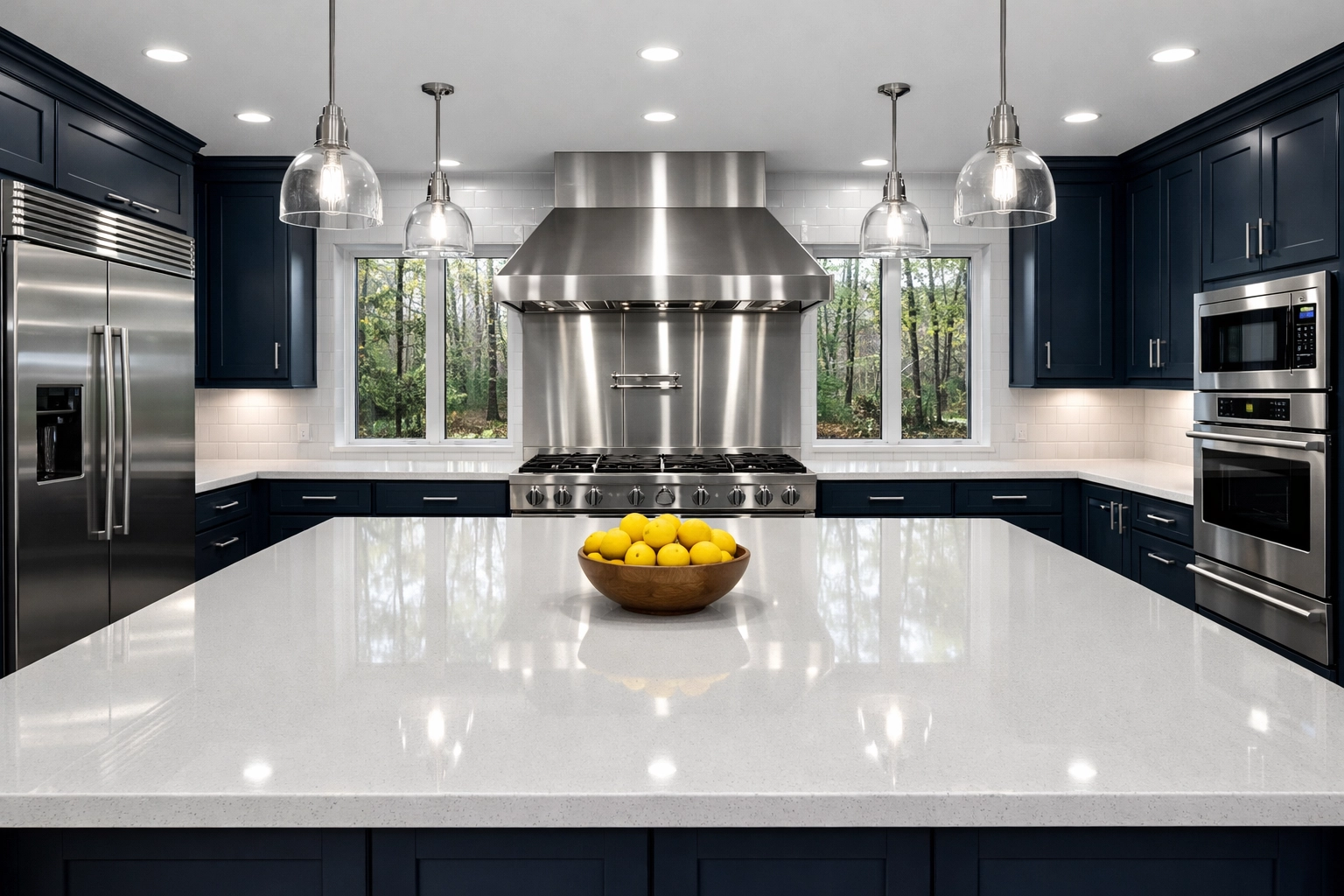 Sparkling modern chef's kitchen with a quartz island, highlighting professional luxury house cleaning in Wayland.