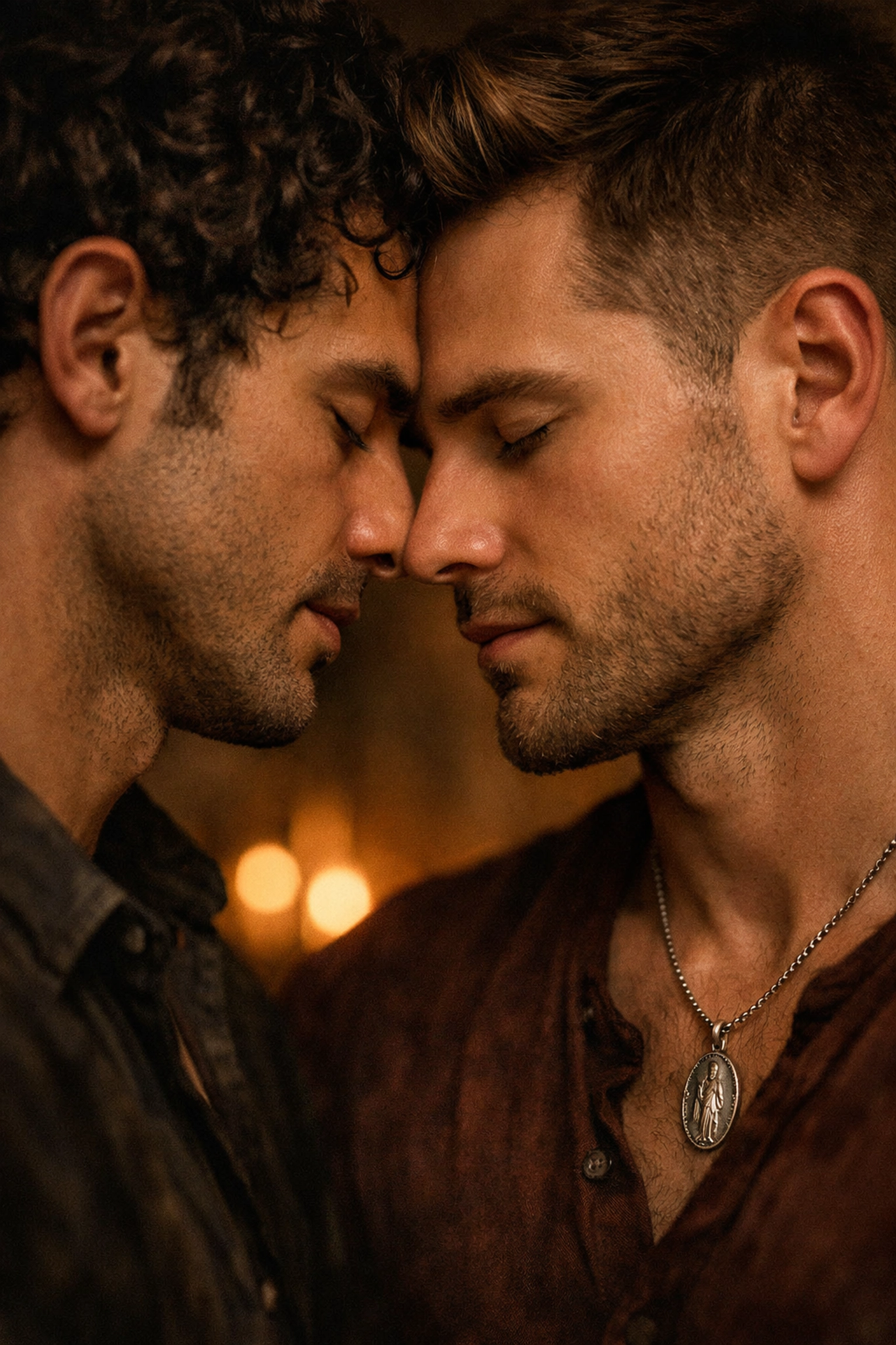 Two men with foreheads touching in intimate moment - gay romance meets Catholic faith