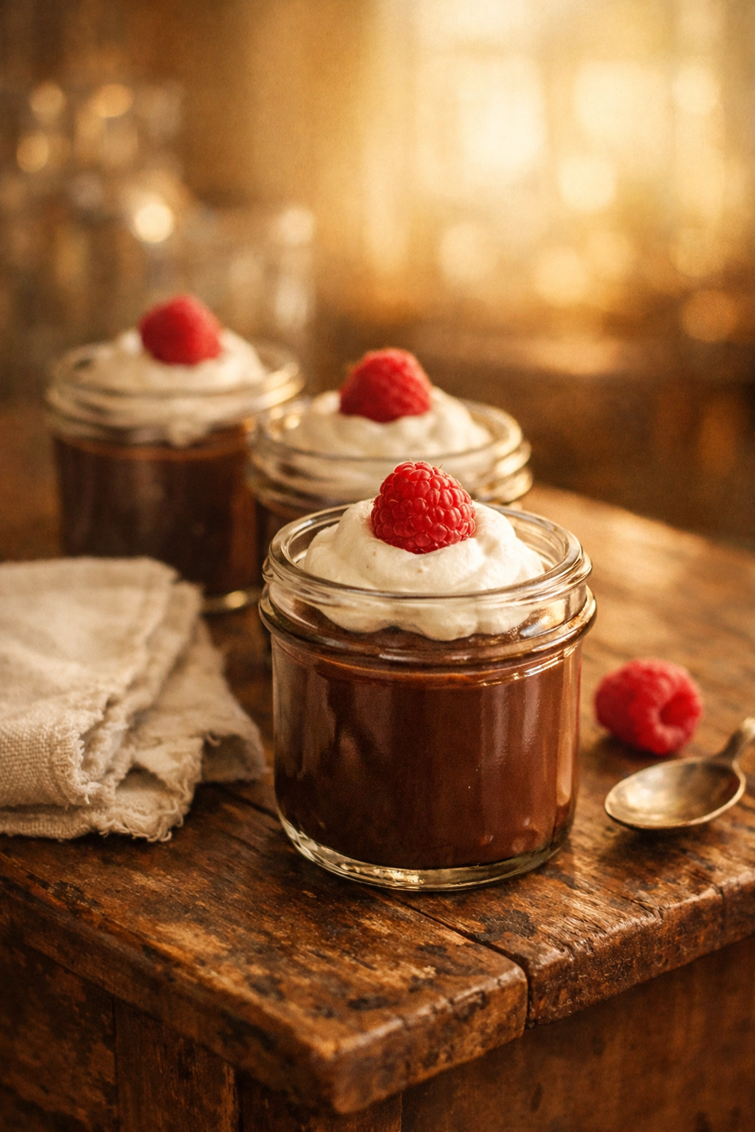 Decadent chocolate pot de creme topped with whipped cream and a raspberry in a vintage glass jar.