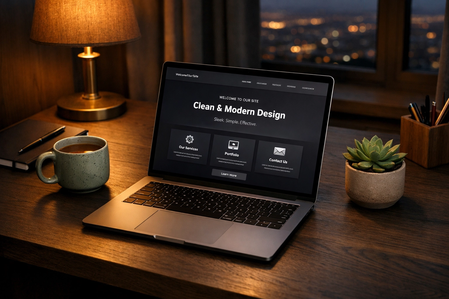 Modern dark mode WordPress website design displayed on a laptop in a professional workspace.