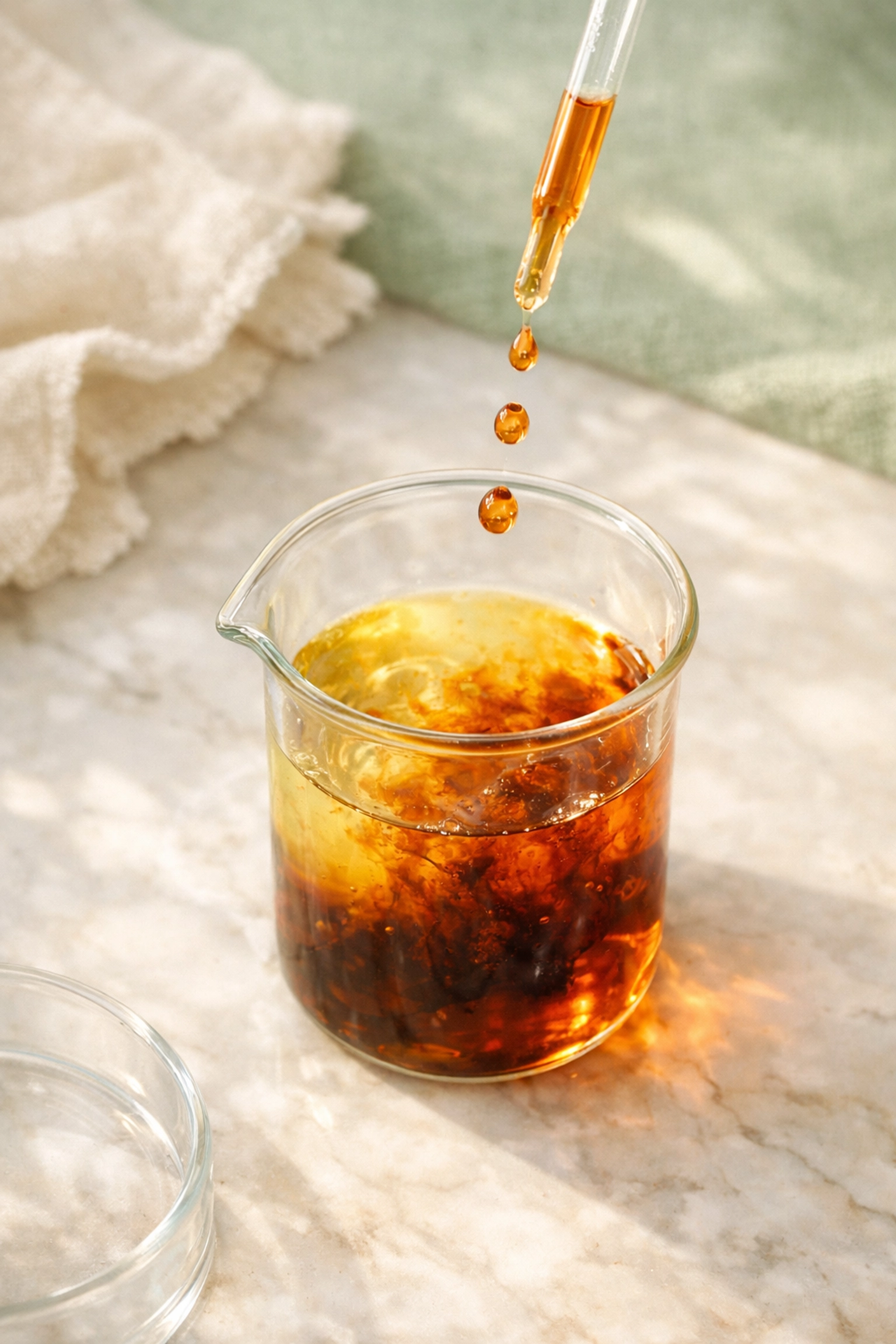 Halogen displacement reaction showing colour change as chlorine displaces iodide ions in solution