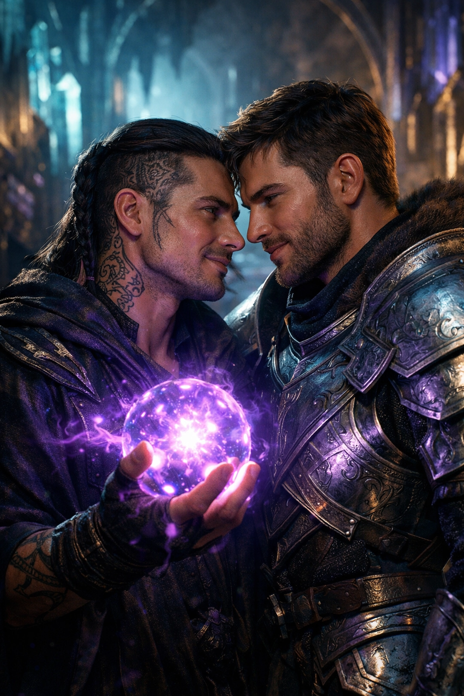 Gay fantasy romance characters in a magical setting representing queer speculative fiction literature.