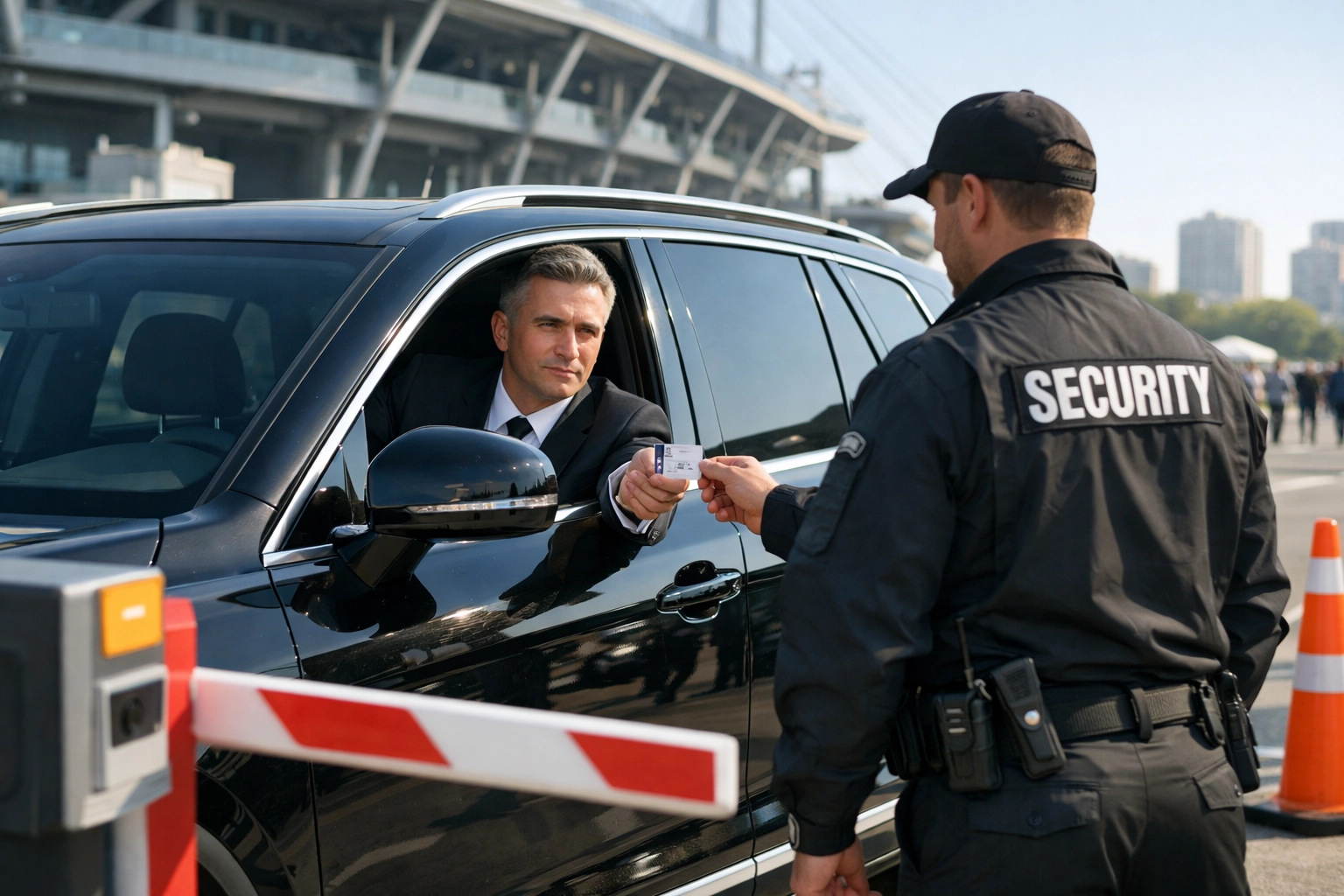 Professional chauffeur in a luxury SUV clearing security for Super Bowl executive travel.