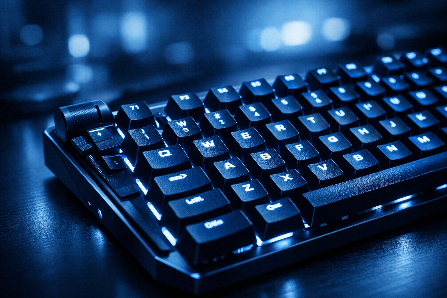 Blue-toned high-tech keyboard representing secure business login and strong password policies.
