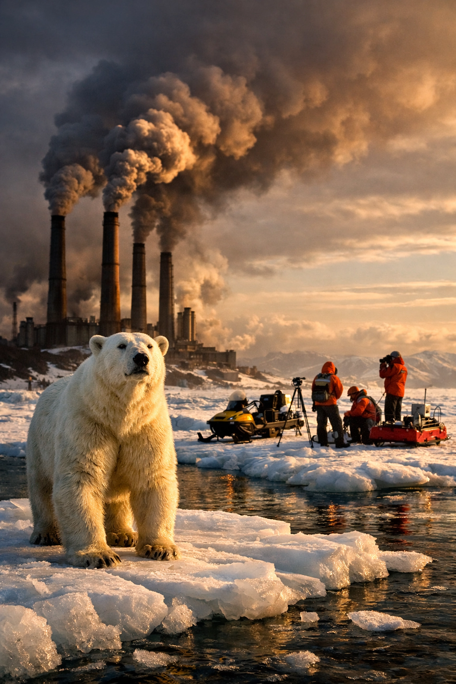Polar bear on ice floe with industrial threat in background illustrating conservation story structure