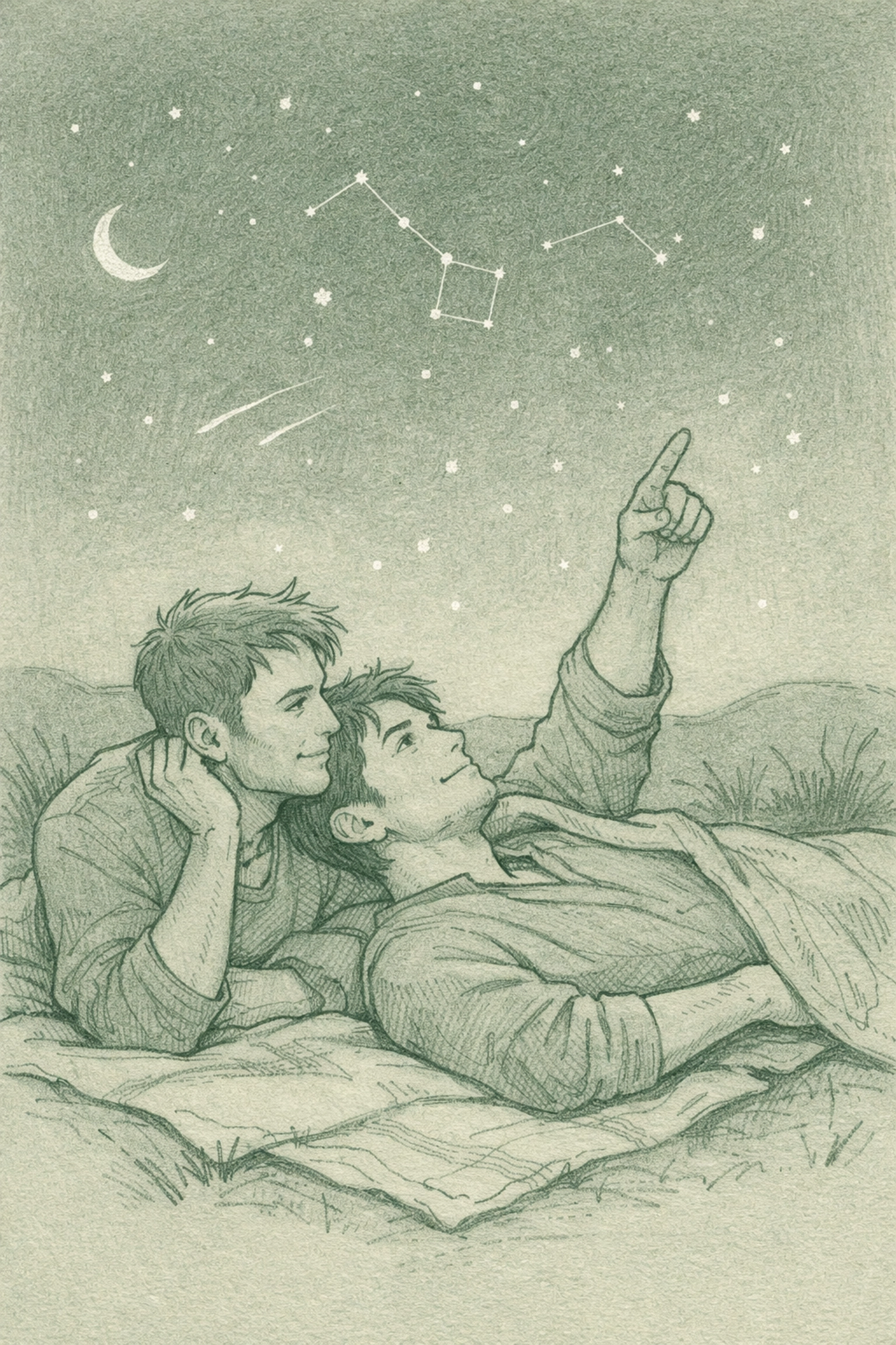 MM couple lying under stars finding romantic connection after isolation in gay love story
