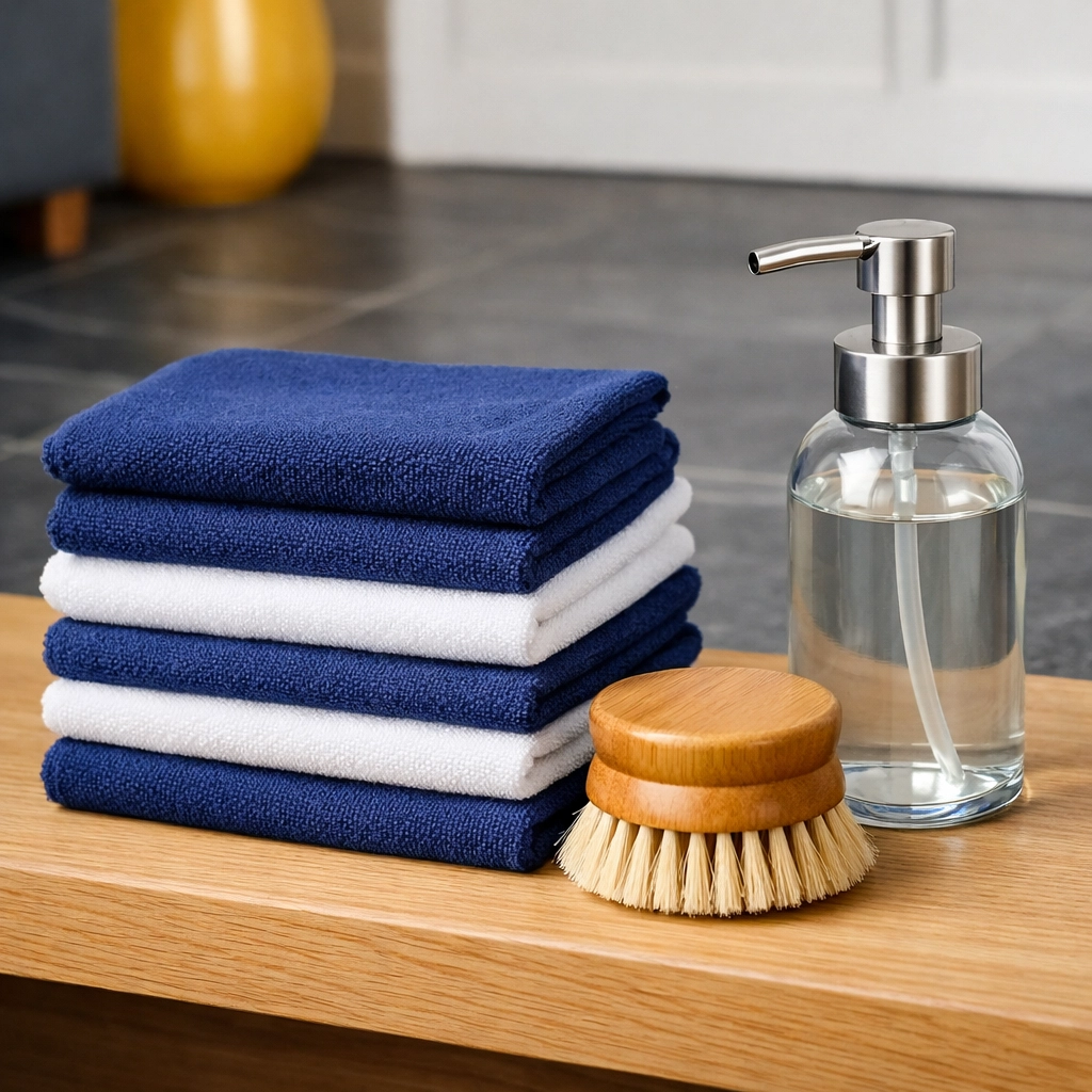 Sustainable microfiber cloths and bamboo tools for eco-friendly house cleaning Wayland MA.