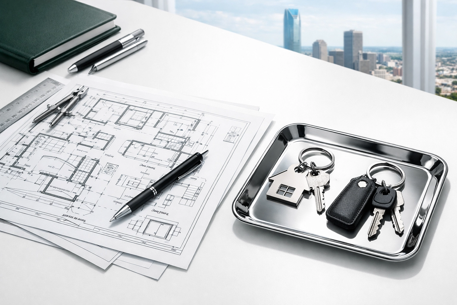 Blueprints and property keys in an office, comparing bridge loans and hard money loans for Oklahoma projects.