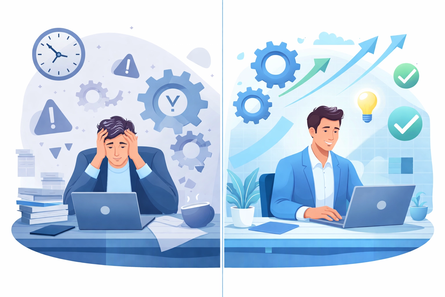 Split image showing a stressed business owner facing downtime and a relaxed one with efficient IT support
