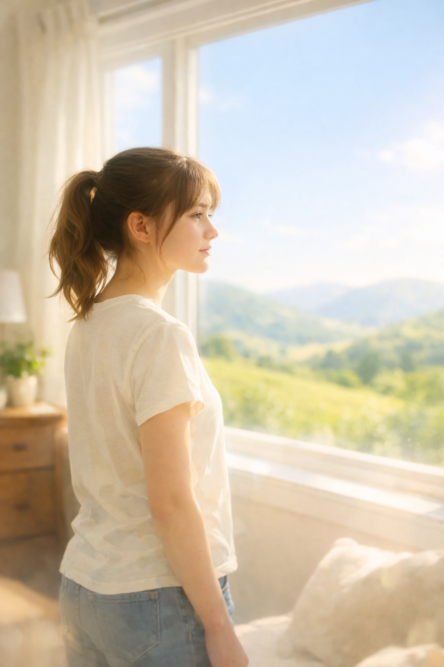 Adolescent girl looking out a sunlit window, symbolizing hope in mental health residential treatment.