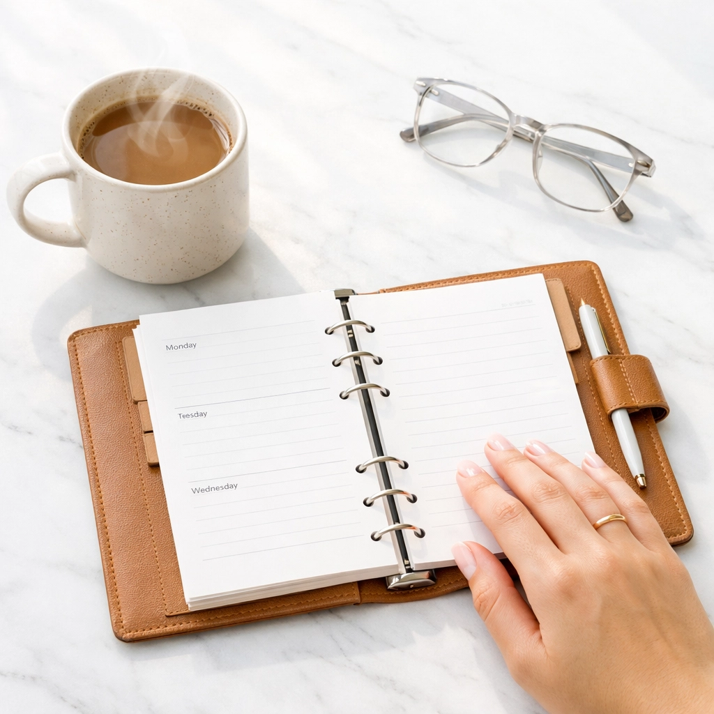 An organized workspace with a planner, representing the transparent billing of an Indiana divorce lawyer.