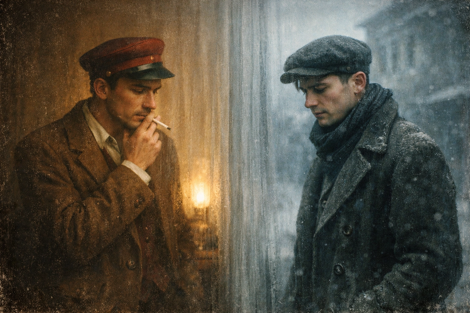 Gay men separated by barrier in 1920s Soviet Union showing gap between legal rights and social persecution