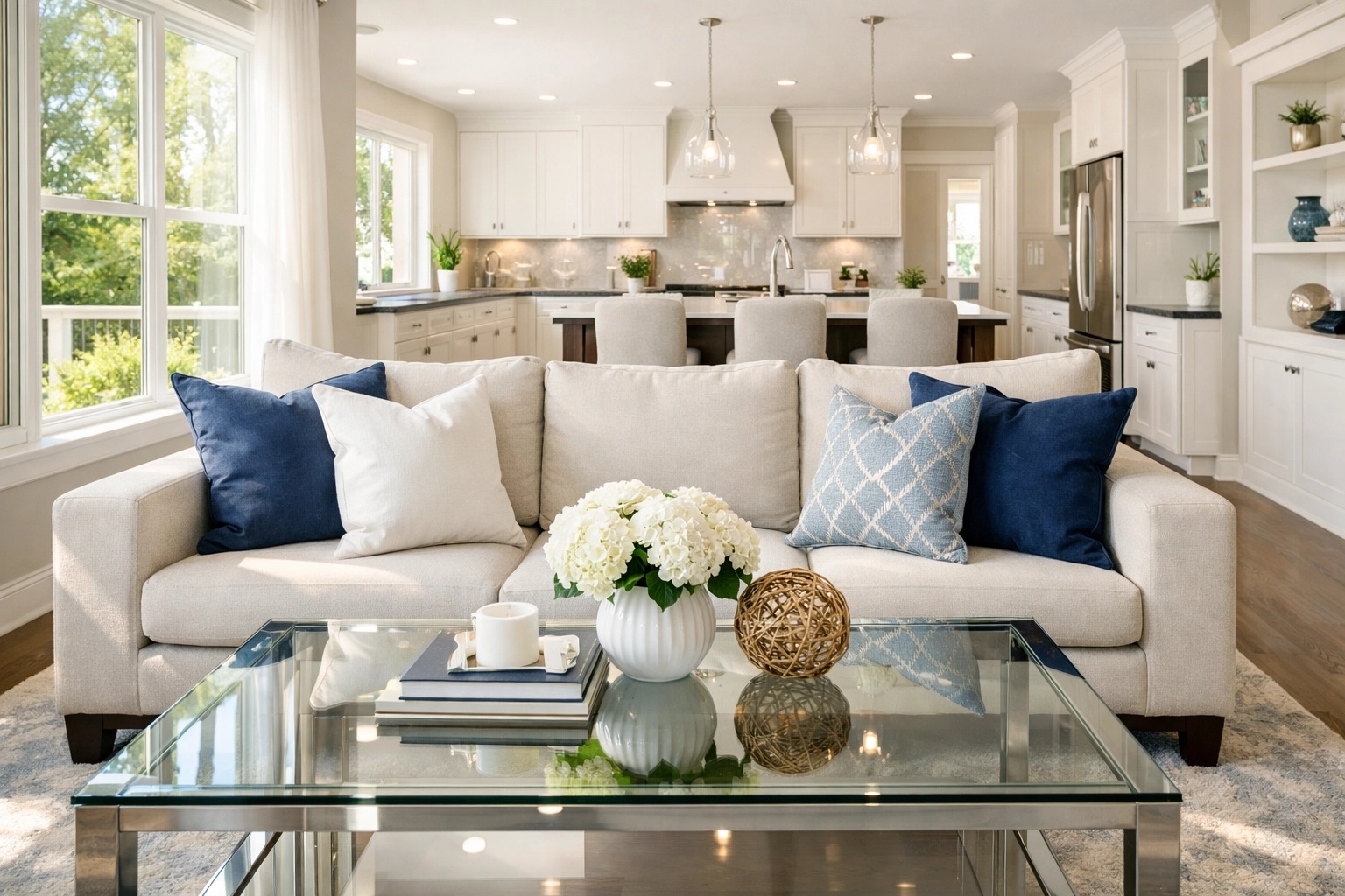 Immaculate living room after professional weekly house cleaning in Westford by The Cleaning Ninjas.