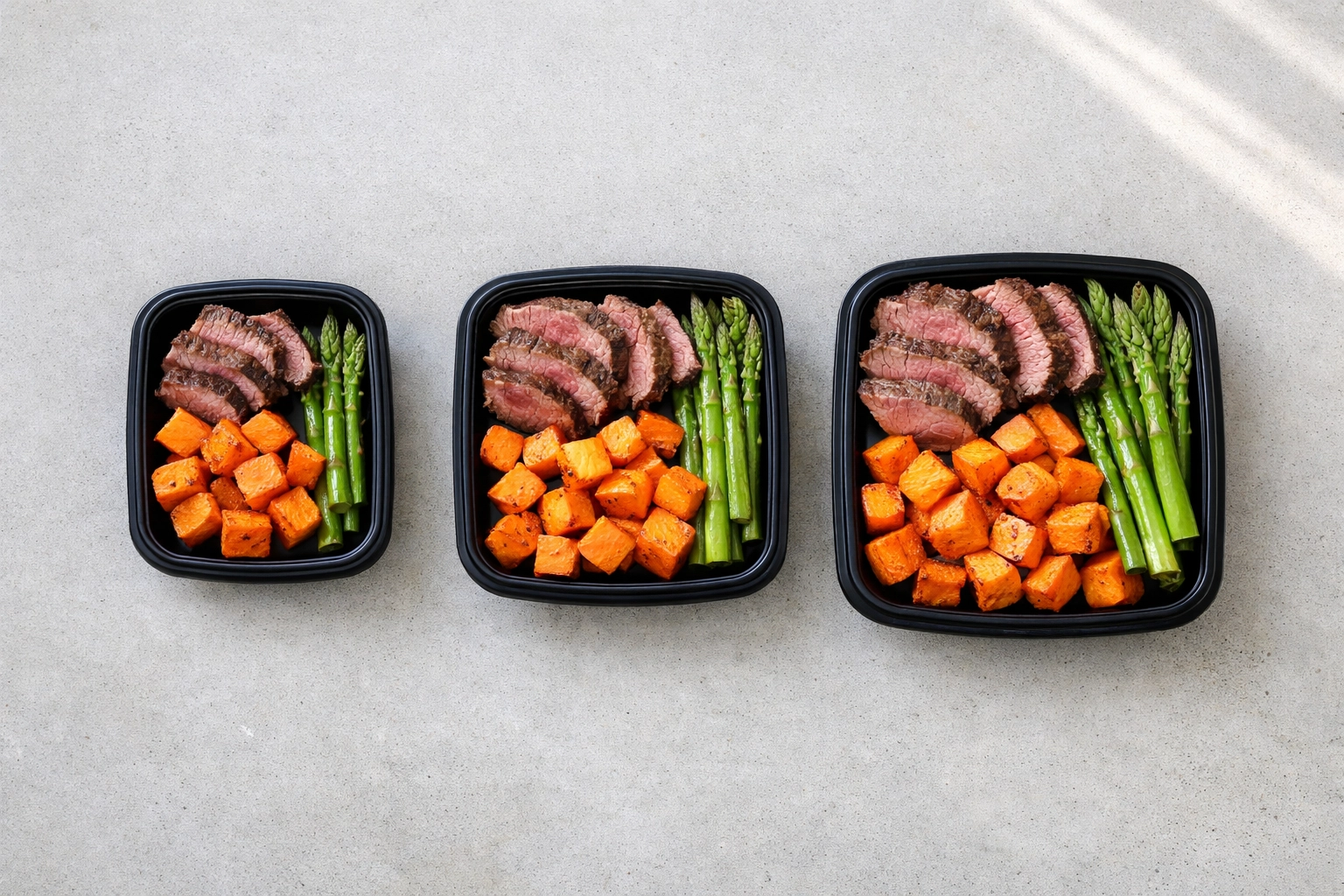 Three portion controlled meals in Phoenix showing Slim, Standard, and Bulk sizes with steak and veggies.