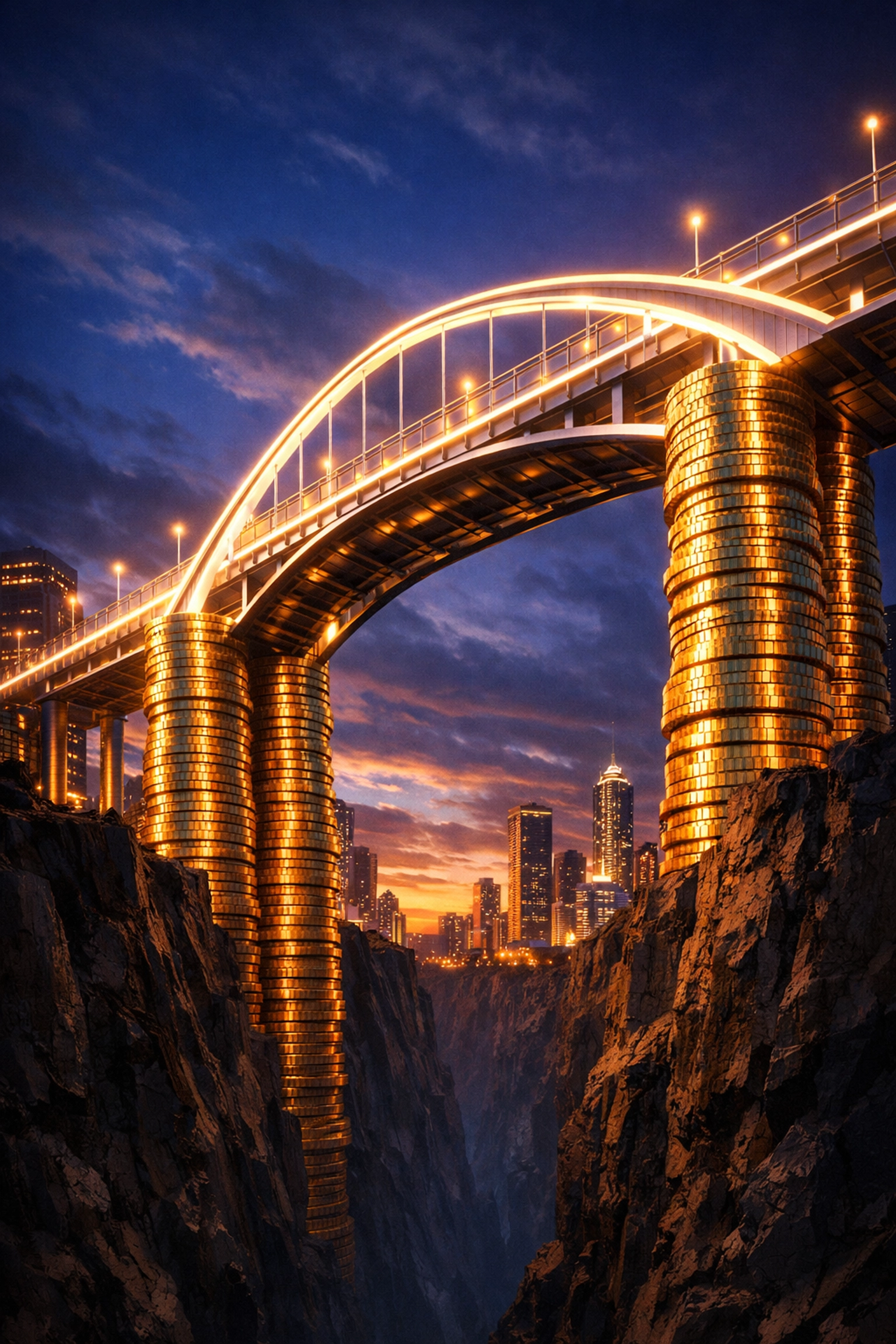 A symbolic bridge supported by gold coins representing bridging finance fees and lender reliability.