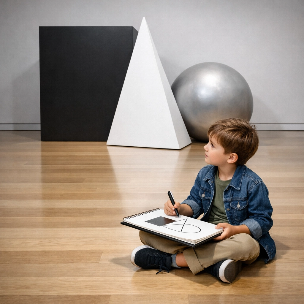 A young boy sketching a modern sculpture in a gallery with private museum tour guides in NYC.