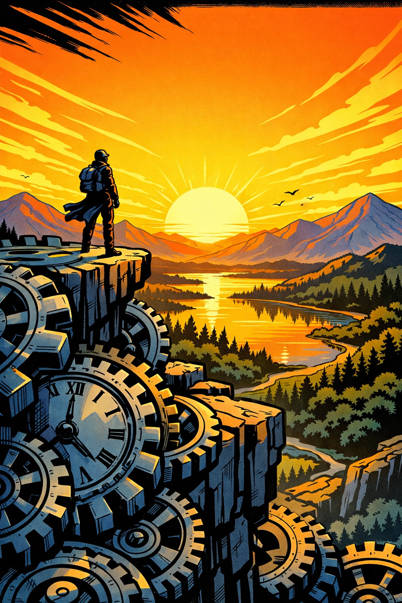 Business owner overlooking a peaceful valley, symbolizing control and efficiency through workflow automation.