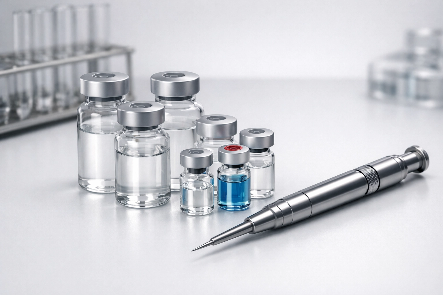 Professional laboratory vials arranged for advanced peptide stacking and metabolic research precision.