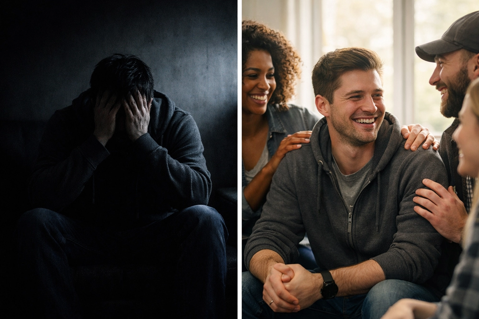 Person moving from isolation and stigma to community support in addiction recovery journey