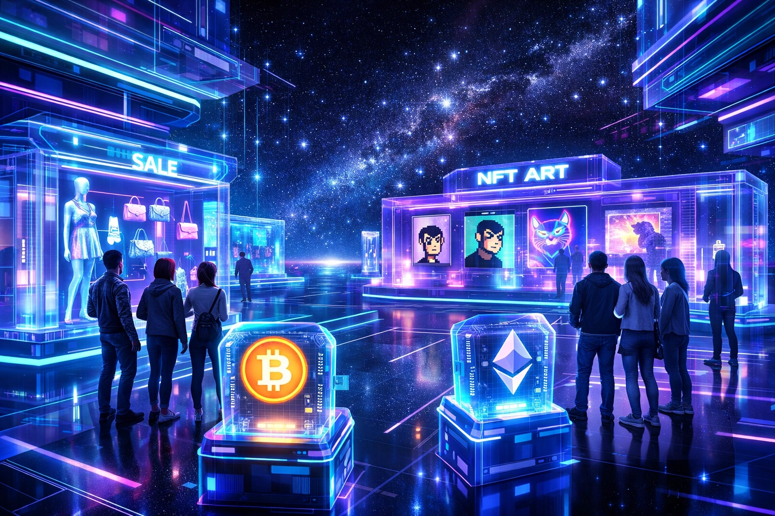 Virtual shopping mall in metaverse with avatars browsing holographic storefronts and crypto payment terminals