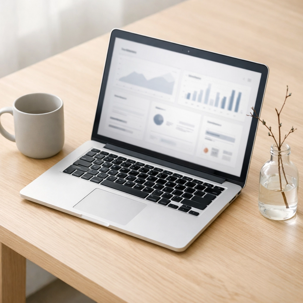 A minimalist workstation with a laptop showing an automated hotel PMS dashboard for syncing financial data.