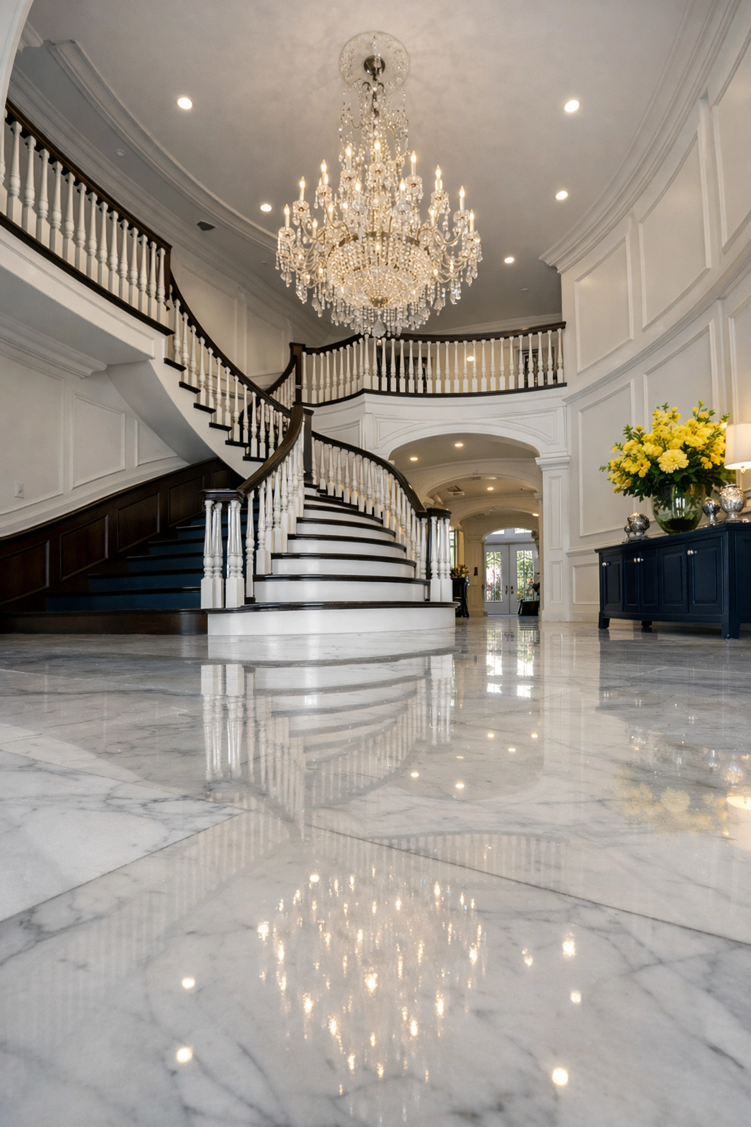 Luxury house cleaning in a grand Weston estate featuring polished white marble floors and high-end finishes.