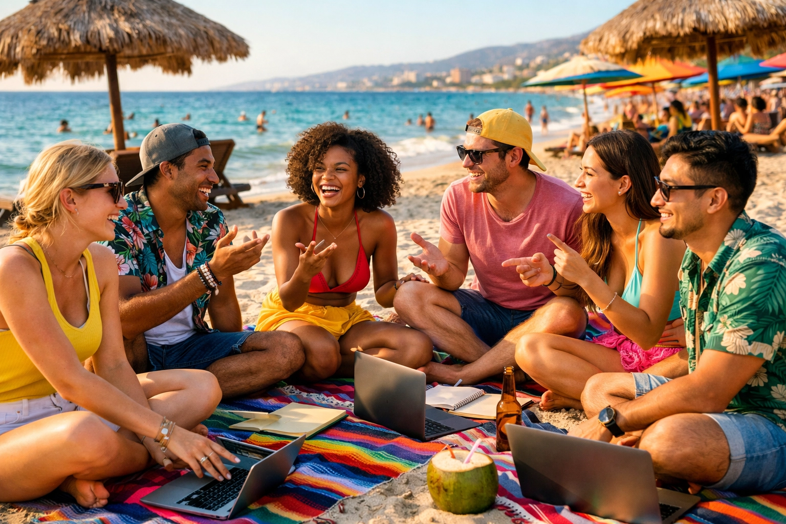 Digital nomad community gathering on Los Muertos Beach in Puerto Vallarta