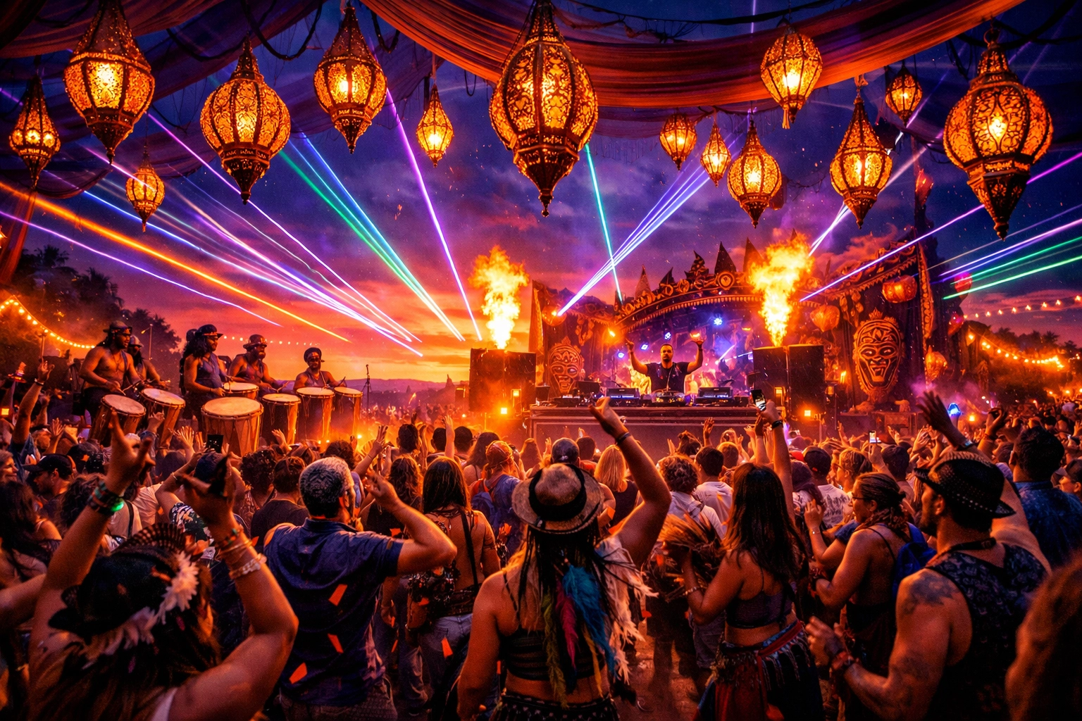 A vibrant global music festival crowd dancing to fresh music streaming and rhythmic beats at twilight.