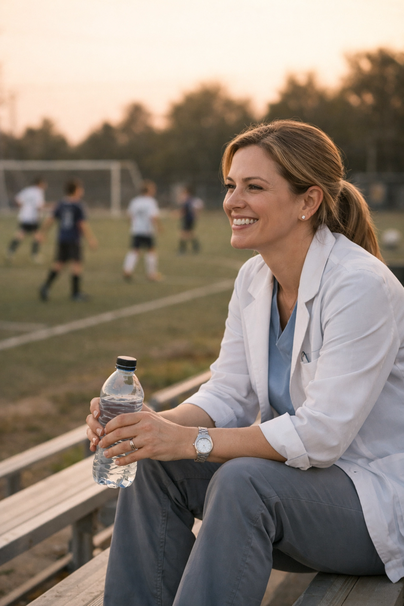 Dentist practice owner enjoying work-life balance at child