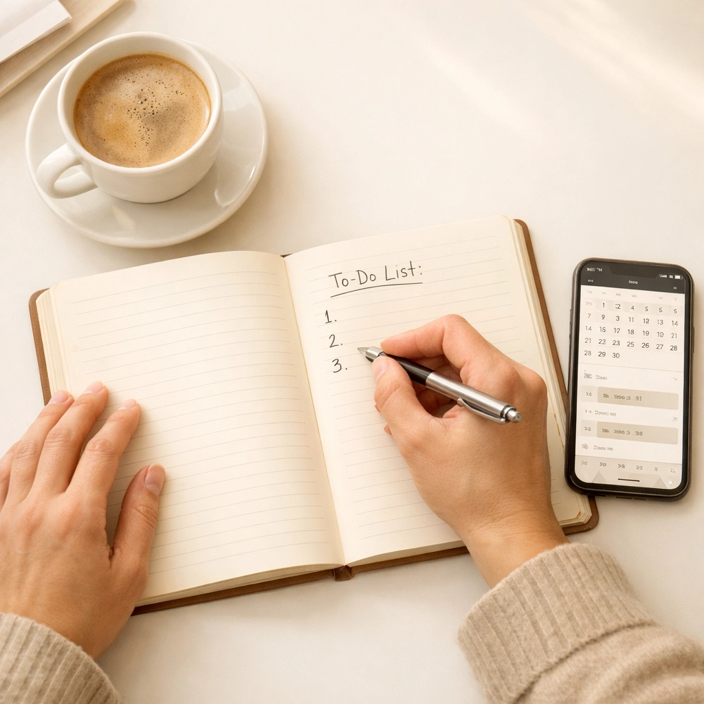 Ouder maakt notities ter voorbereiding op schoolgesprek over kind